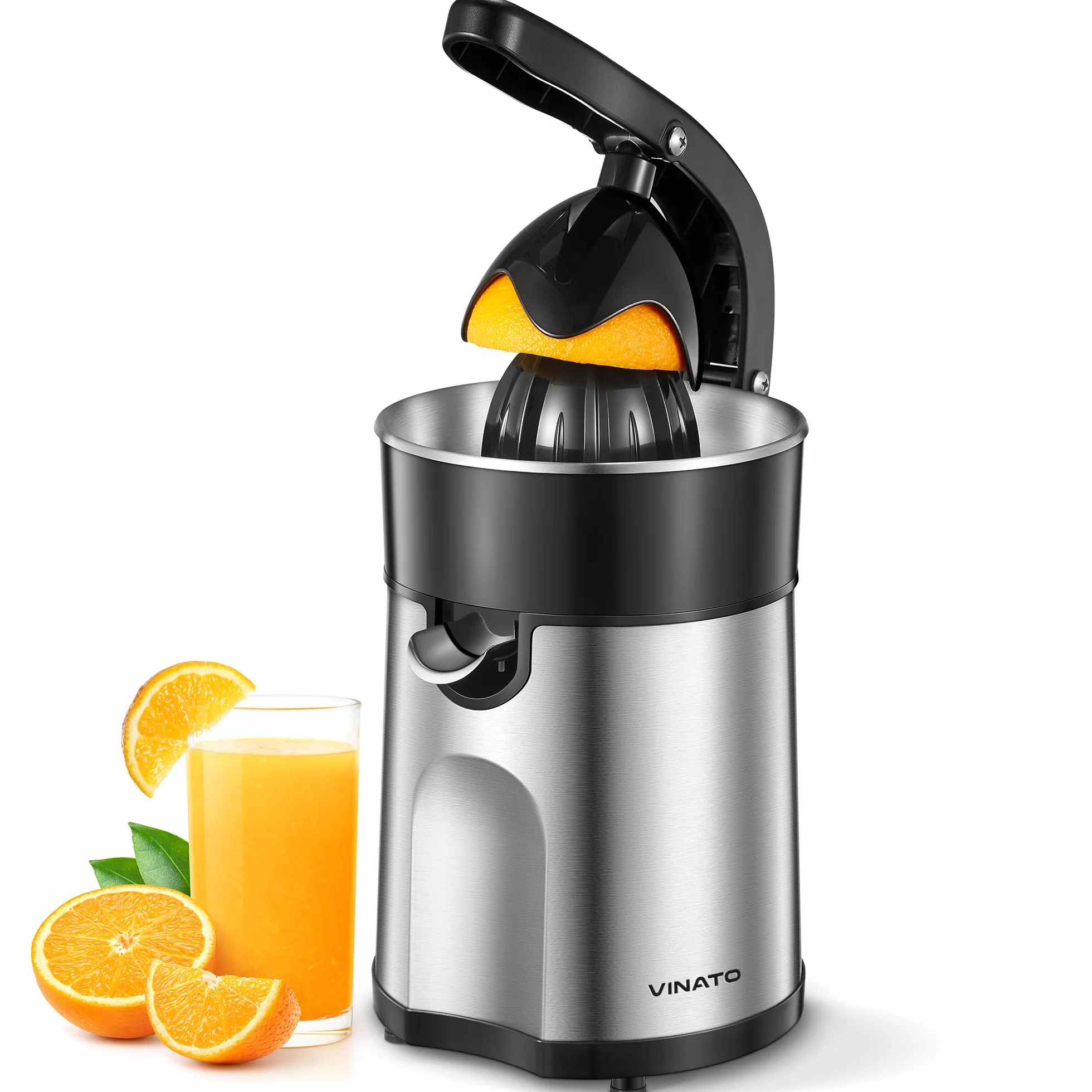 Vinato Exprimidor Eléctrico de Naranjas, 2 Conos para Todos los Cítricos, Cuerpo y Filtro de Acero Inoxidable Exprimidor Eléctrico Exprimidor Eléctrico, 85W