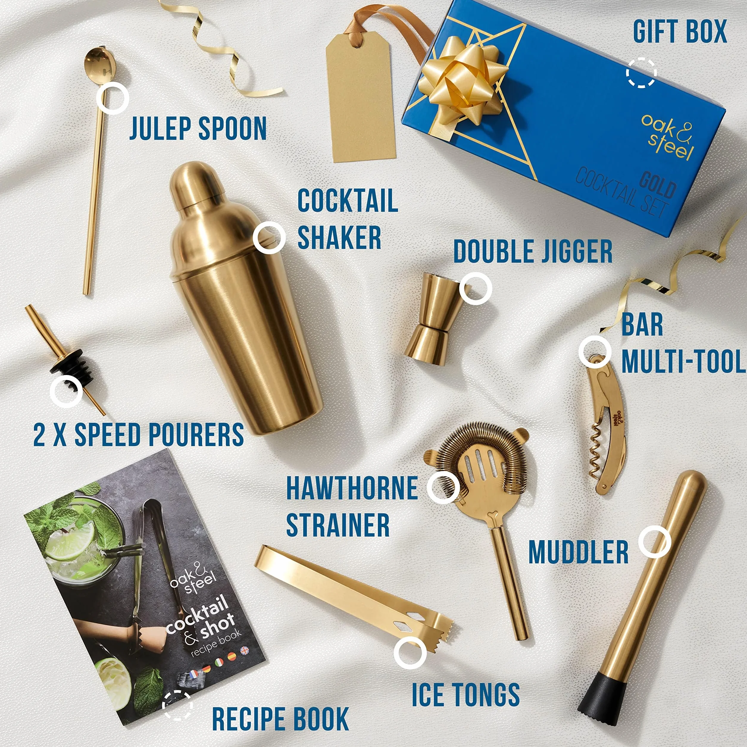 10 Piezas Kit de Coctelería Dorado - Juego Completo de Regalo Bar con Coctelera de Acero Inoxidable, Vertedor y Mezclador- Set de Regalo para Entusiastas y Cantineros Profesionales