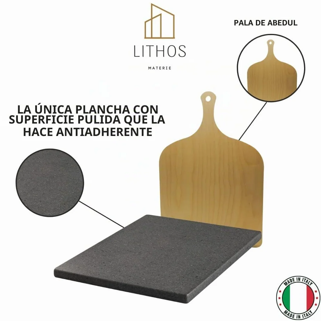 Kit de piedra antiadherente volcánica ollar Etna para pizza 39 x 35 x 2 + pala para horno eléctrico a gas y barbacoa para carne, pescado y verduras refractaria