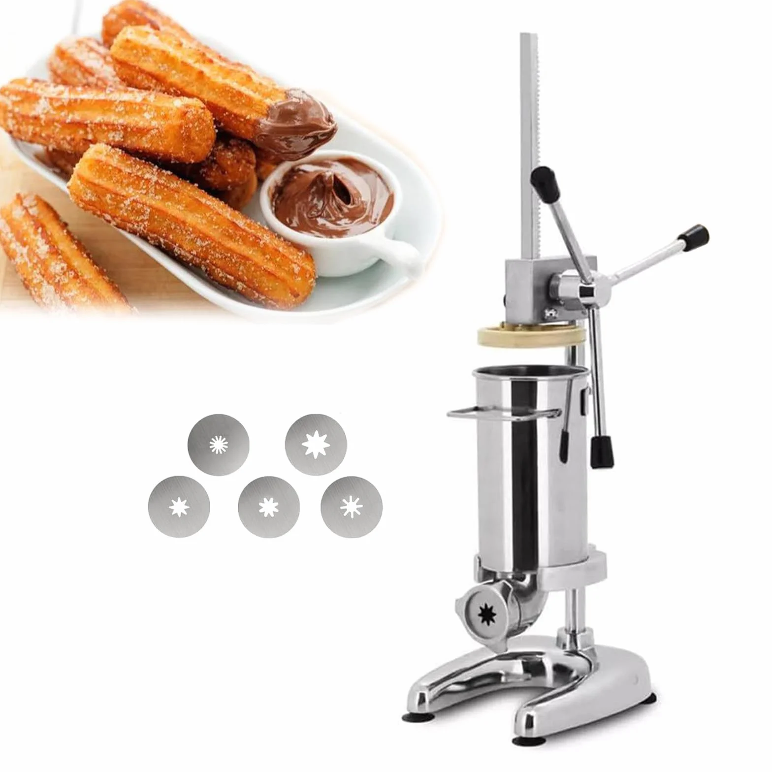 MáQuina para Hacer Churros Manual Comercial, MáQuina para Hacer Rosquillas Manual, MáQuina para Hacer Churros EspañOles De Acero Inoxidable con 5 Boquillas,2L