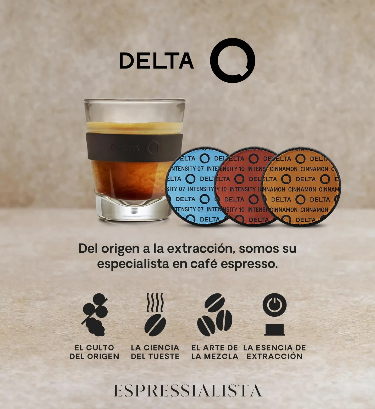 Delta Q | Cafetera Cápsulas IconiQ Negra + 60 Cápsulas Café | Inluye 40 Intensidad 10 + 10 Descafeinado + 10 Café con Canela