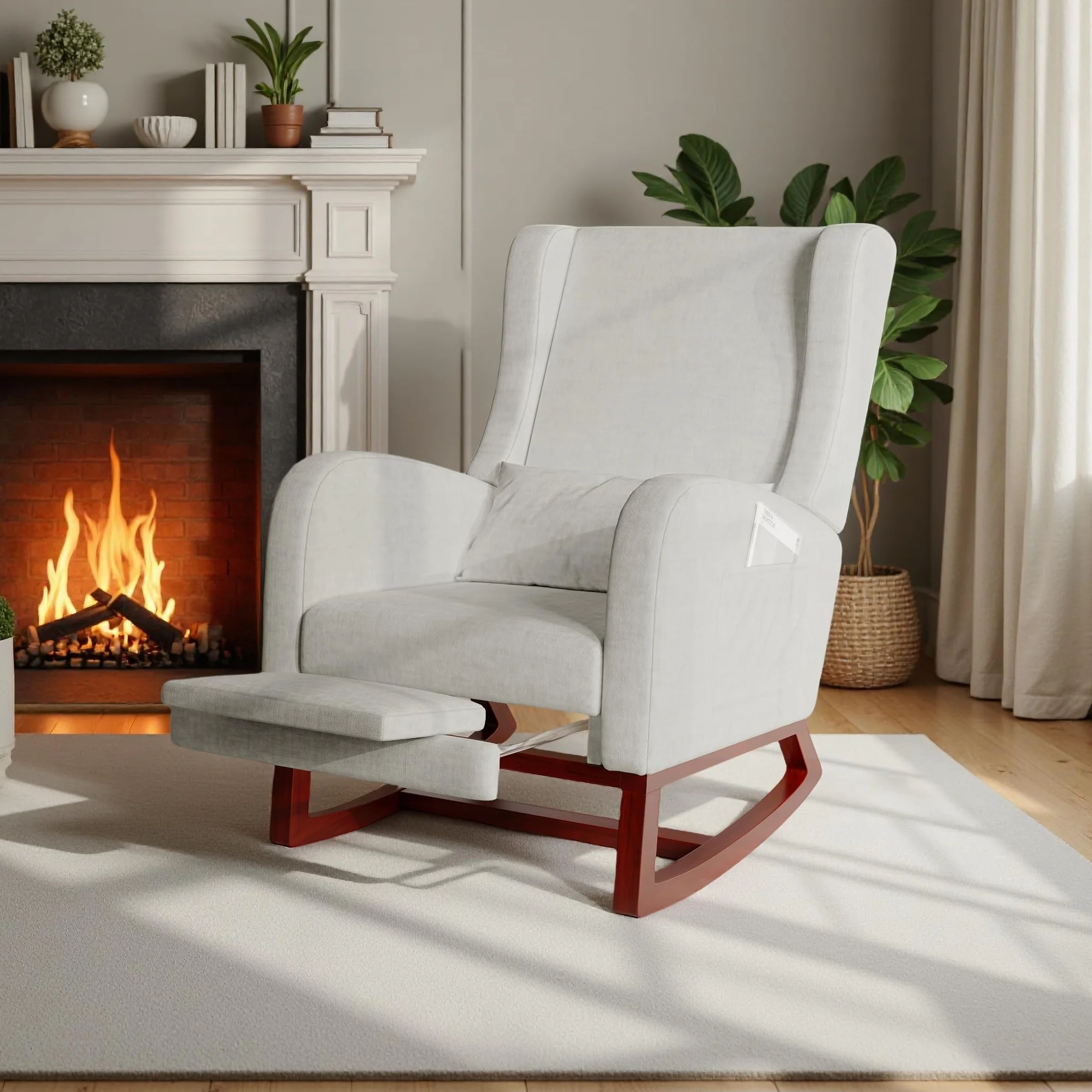 Sillón basculante con reposamuñecas retráctil, mecedora lactancia gris lino