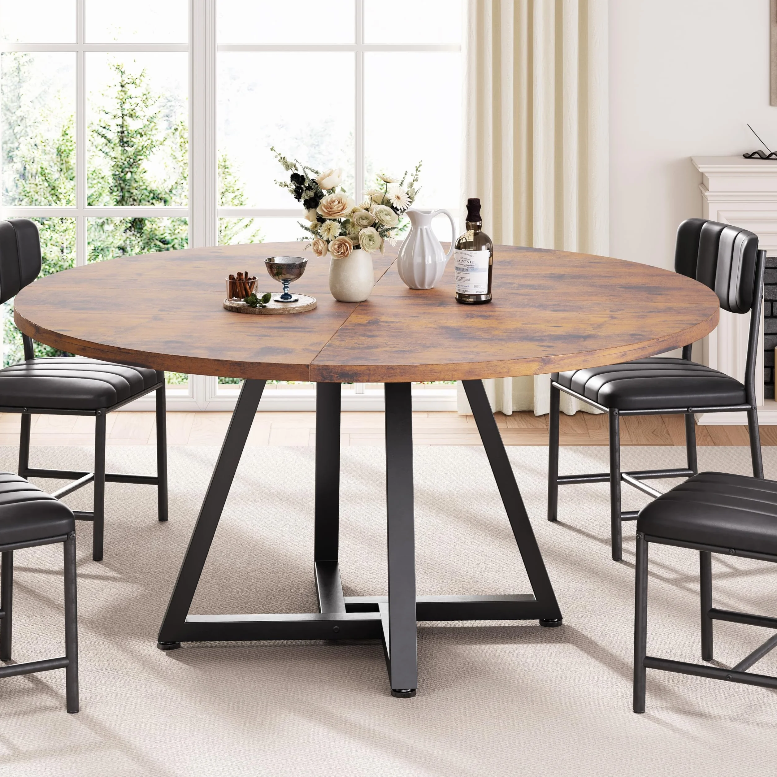 Jocoevol Mesa de Comedor Redonda para 4 Personas, Mesas de Cocina Industrial con Estructura Metálica Estable, Marrón Vintage, 107x107x76 cm