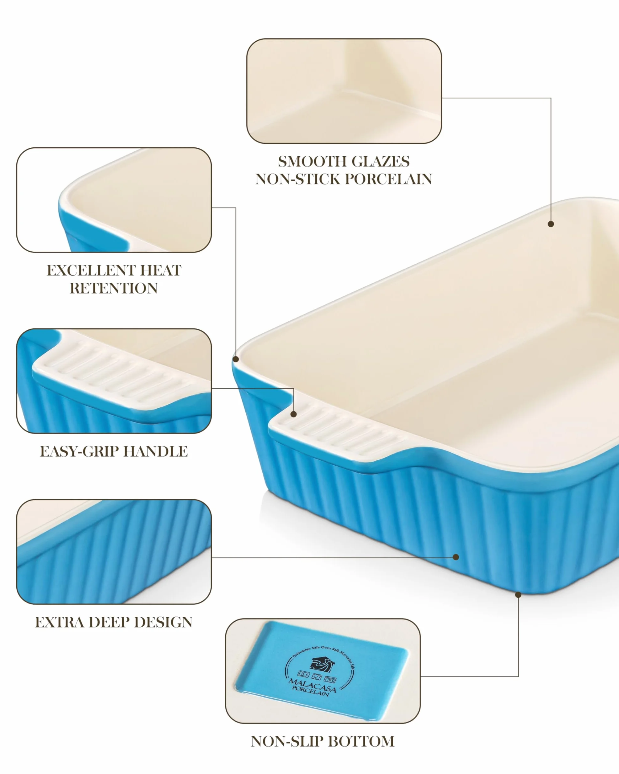 MALACASA Serie BAKE, Fuente Rectangular de Porcelana para Horno de 4200 ml, Fuente Grande para Horno con Asas para Gratinados y Guisos, Apta para Lavavajillas, Color Azul