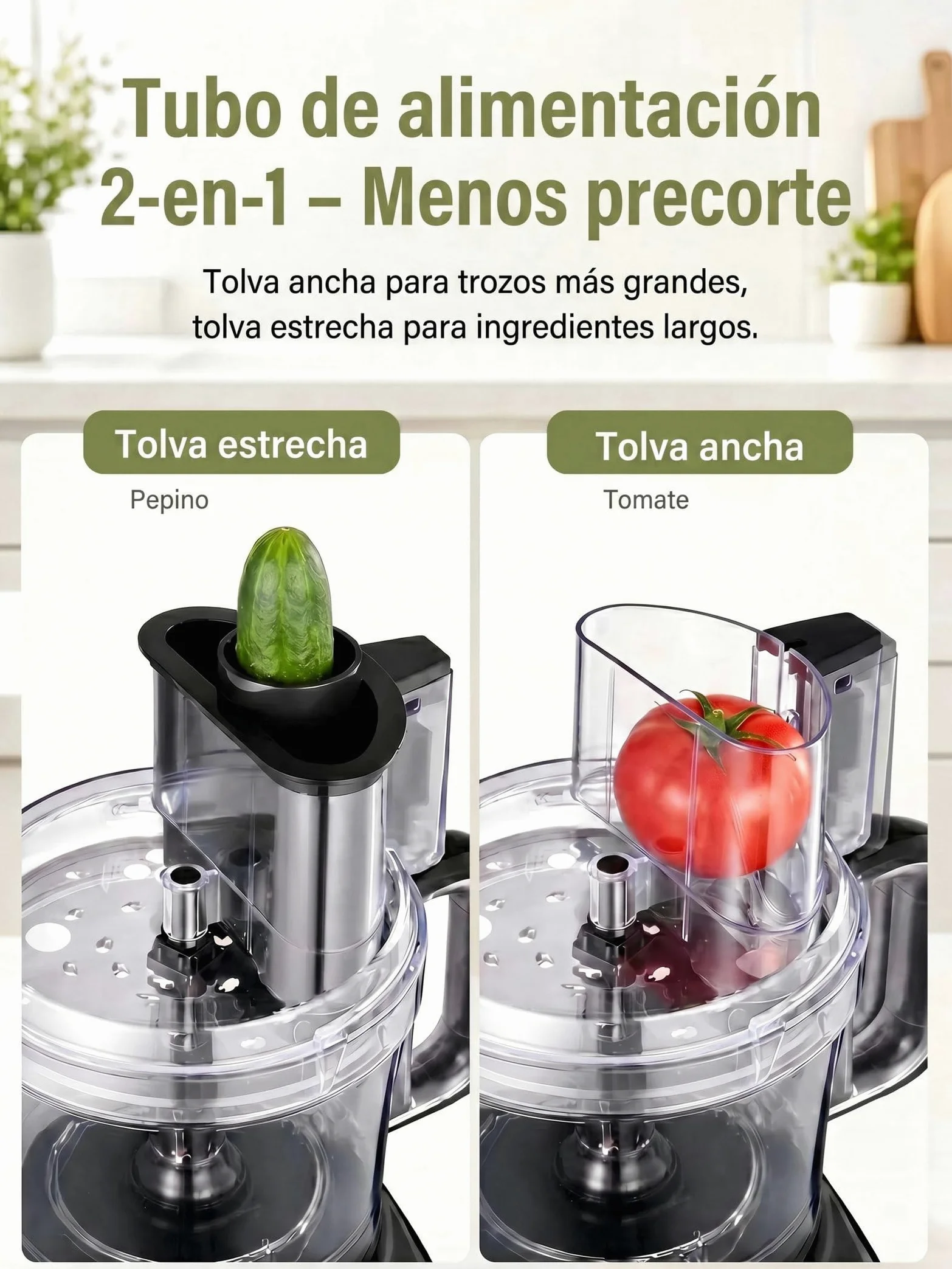 Robot de Cocina 2,3 L, Boca de Alimentación Grande 2 en 1 | Procesador de Alimentos 3 Vel. , Acero Inoxidable, Picar, Rallar, Hacer Puré, Amasar, fácil de limpiar para uso doméstic