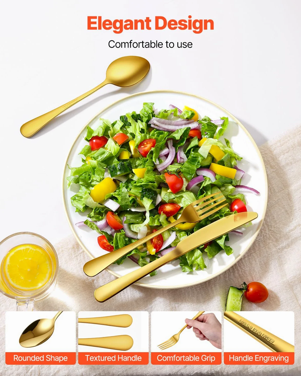 VEVOR Juego de Cubiertos de 60 Piezas, Acero Inoxidable de Grado Alimenticio para 12 Personas, con Acabado de Espejo, para la Cocina del Hogar, Incluye Cuchillo, Tenedor y Cuchara, Color Dorado