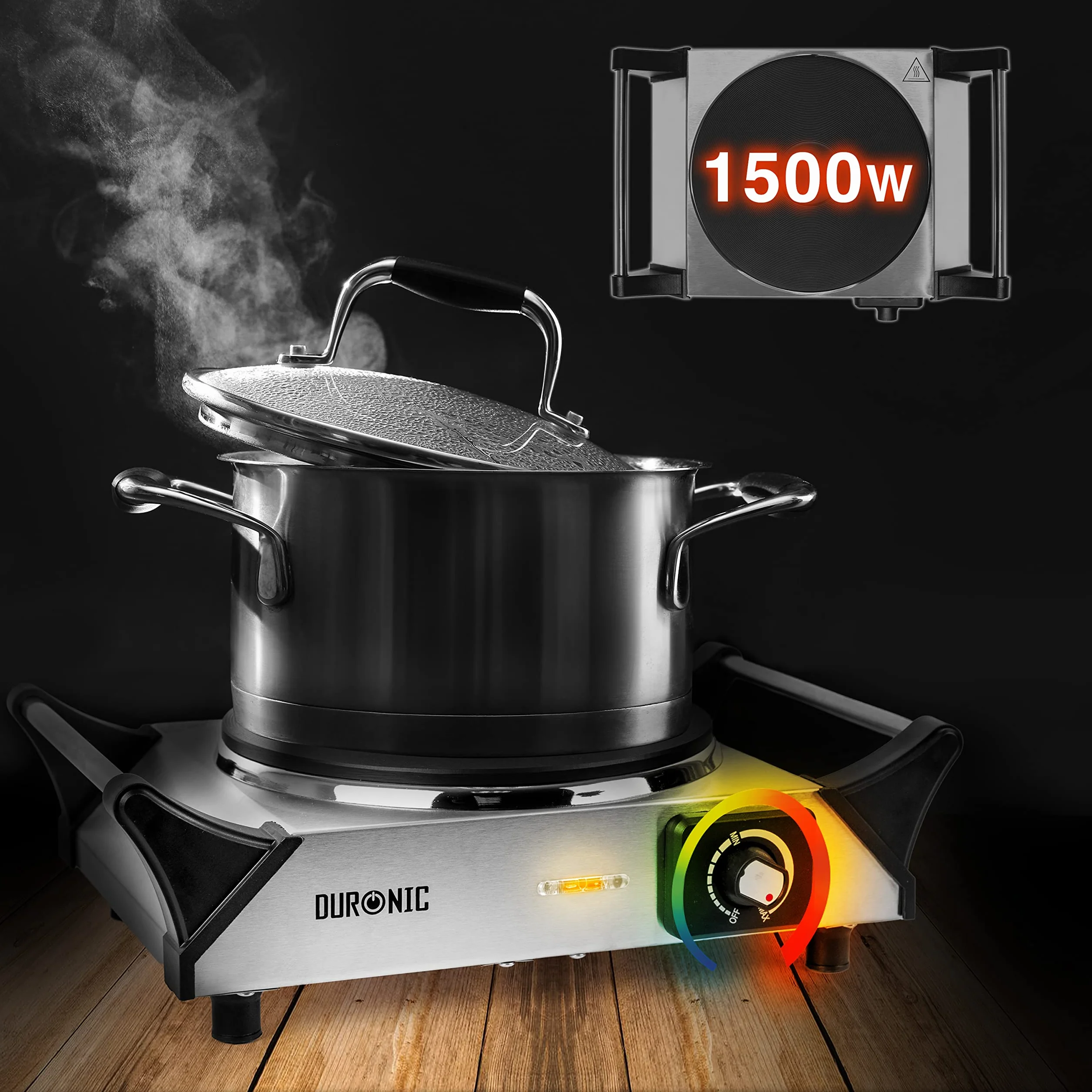 Duronic HP1 SS Hornillo eléctrico Portátil 1500W diámetro 187mm y Termostato Regulable | Placa de Cocción Eléctrica de Acero Inoxidable con Asas Calientaplatos | Ideal para camping
