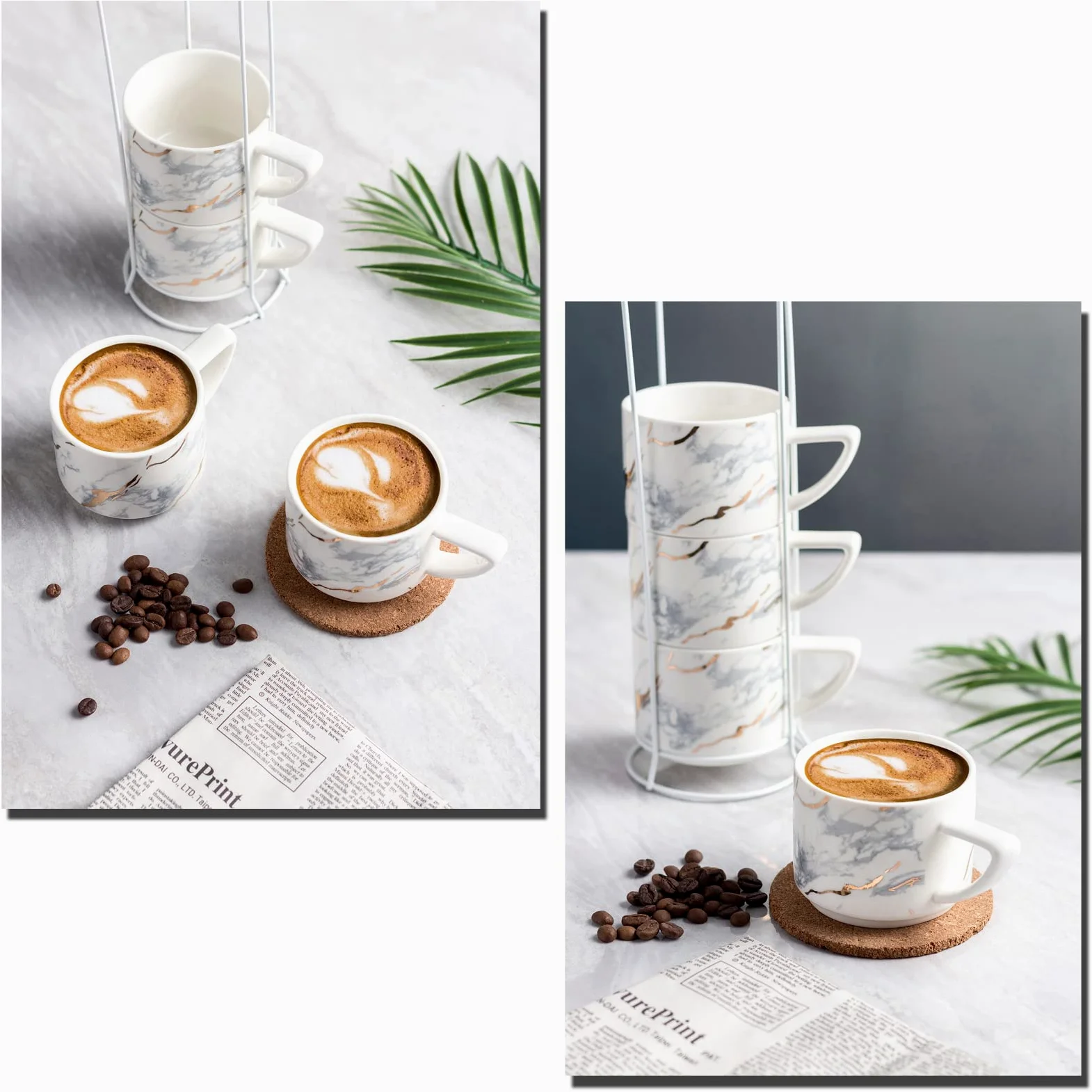 Juego de 4 tazas de porcelana para capuchino de 200 ml con soporte cromado