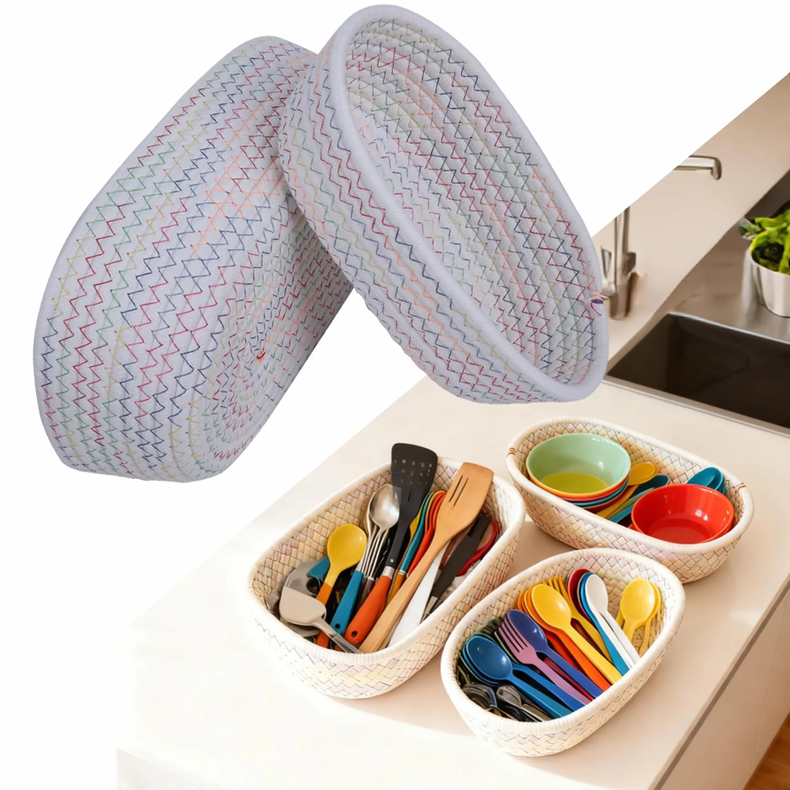 Panier de Rangement Salle de Bain en Coton Tressé 3 Pièces pour Cuisine Chambre