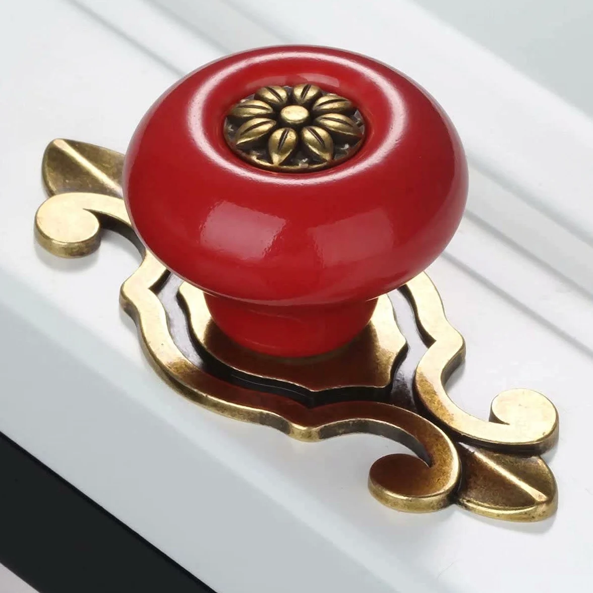 Pomos de cerámica amarillos con placa de bronce, estilo retro para muebles