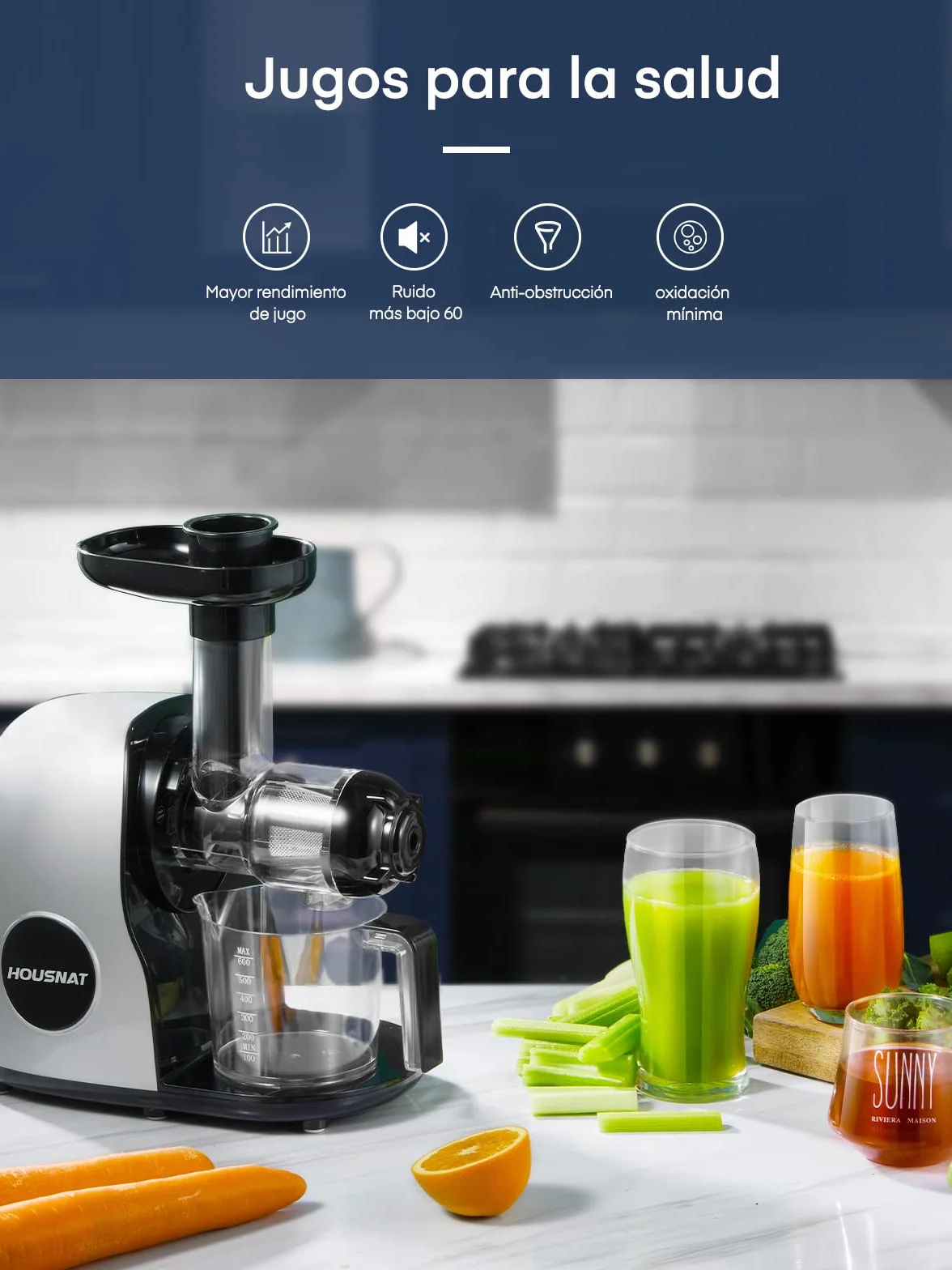 Housnat Extractor de zumos y verduras, Licuadora de Prensado en Frío con Motor Silencioso y Función Inversa, Licuadora para Verduras y Frutas Fácil de Limpiar con un Cepillo Extra, con Recetas