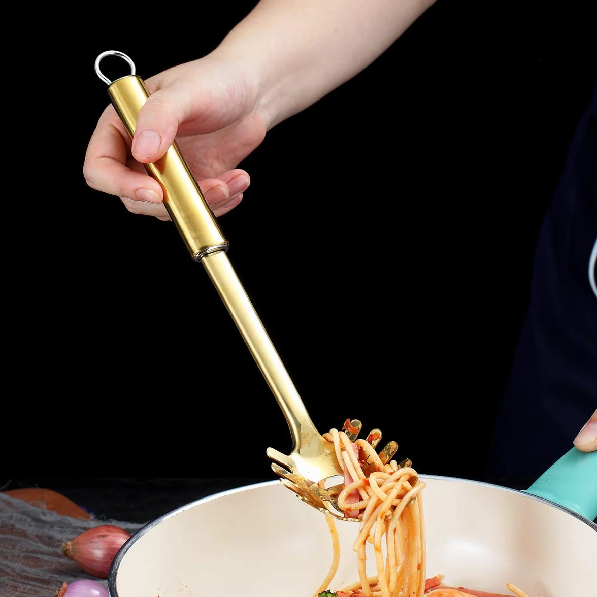 Berglander Tenedor para pasta, Servidor de pasta dorado de acero inoxidable, Cuchara para espagueti, Servidor para espagueti dorado con revestimiento de titanio, Tenedor Noddle (Dorado)