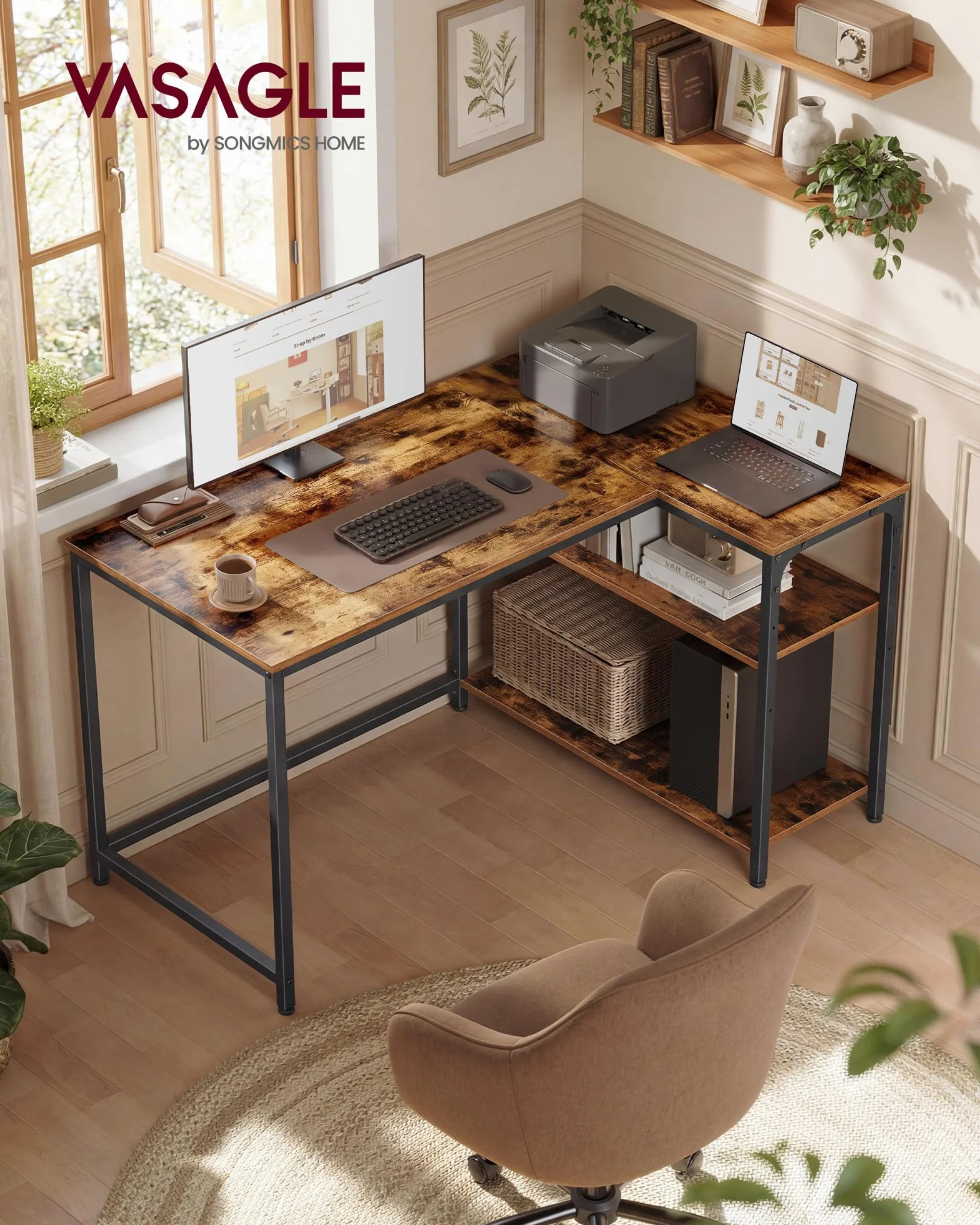 VASAGLE Escritorio en L, Escritorio Gaming para Ordenador con Estantería, Baldas de Altura Regulable, Estación de Trabajo para Estudio y Oficina, 110 x 80 cm, Marrón Rústico LWD135KD01