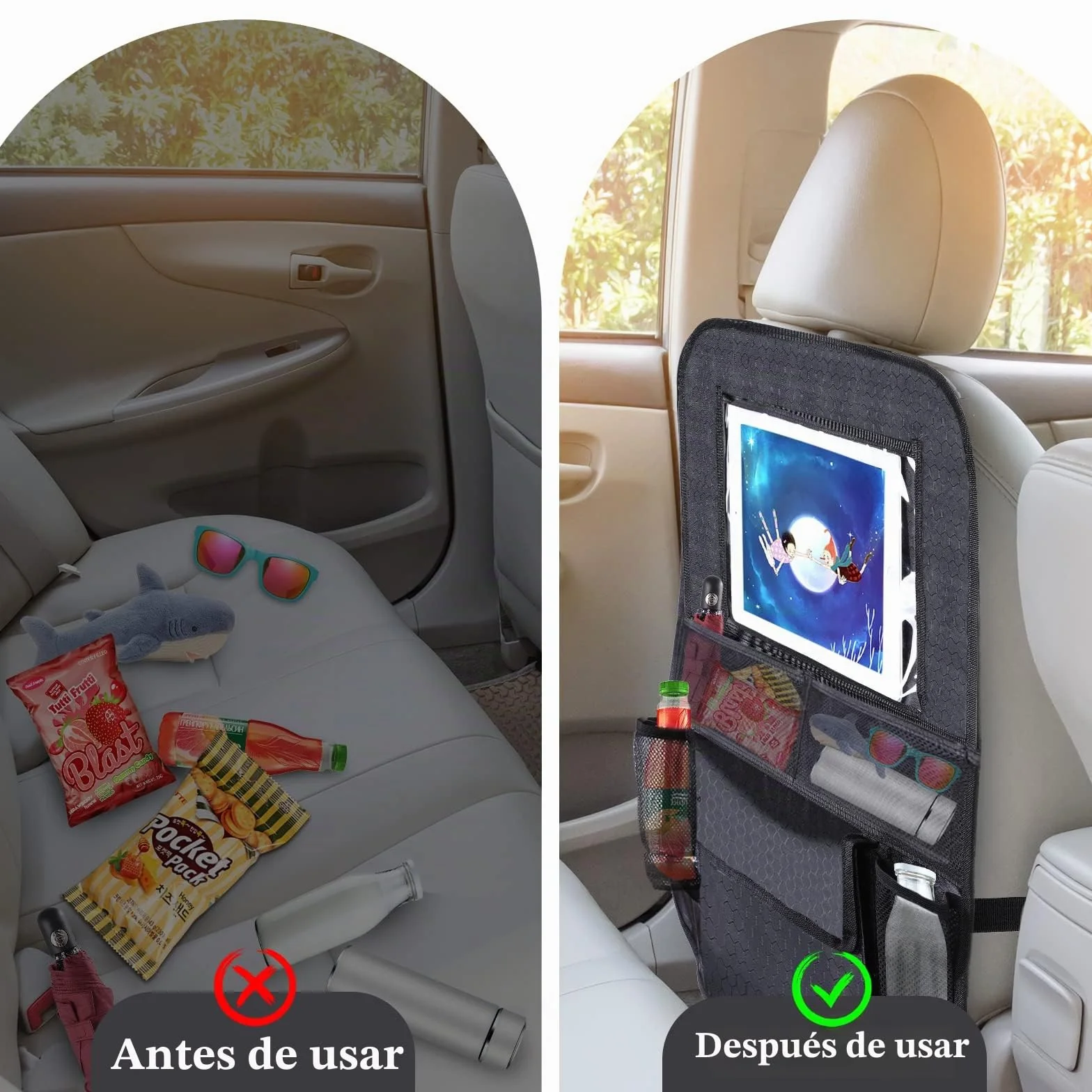 Romon Protector Asiento Coche Silla Bebe,Organizador de Asiento Trasero para Coche, Resistente al Agua y fácil de Limpiar, Tejido Oxford organizador de asiento con mucho espacio de almacenamiento