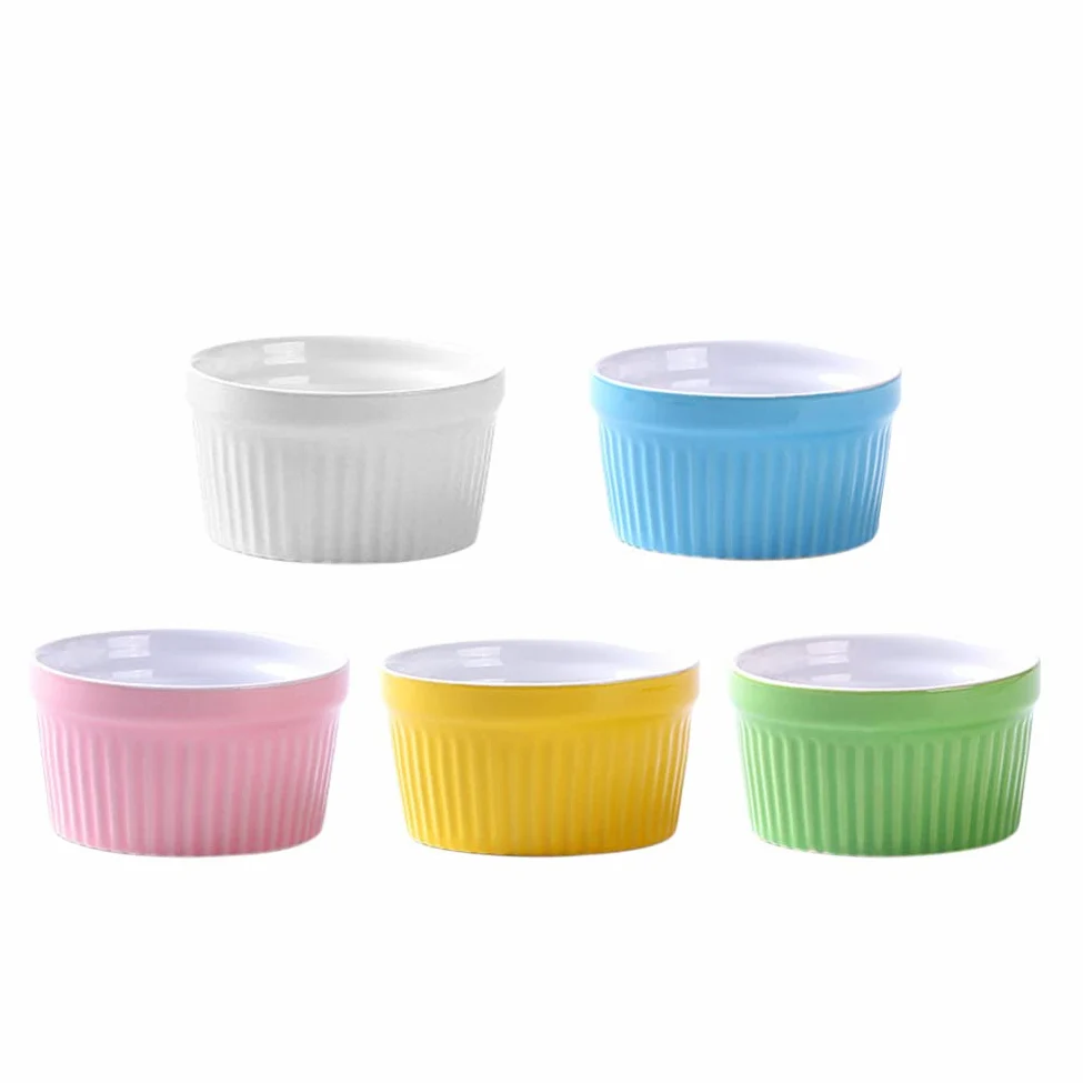 Juego de cuencos para hornear, 5 ramequines de cerámica para salsas, pudín y postres, ideal para crema brulee, servir aperitivos, esenciales de cocina aptos para horno