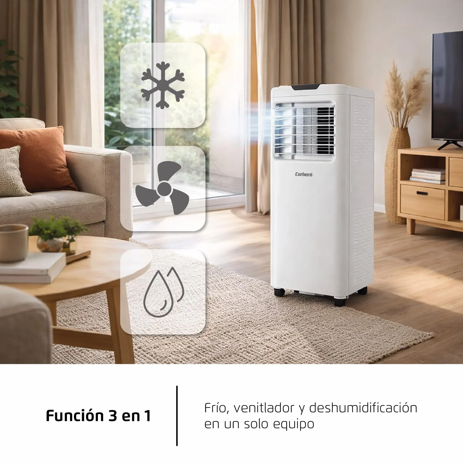 Corberó - Aire Acondicionado Portátil 3 en 1 con Mando | CPC12 | 12000BTU-3000 frigorias | 3500 W | Cobertura 22-25 m² | 16-31 ºC | Refrigeración | Ventilador | Deshumidificación |Temporizador