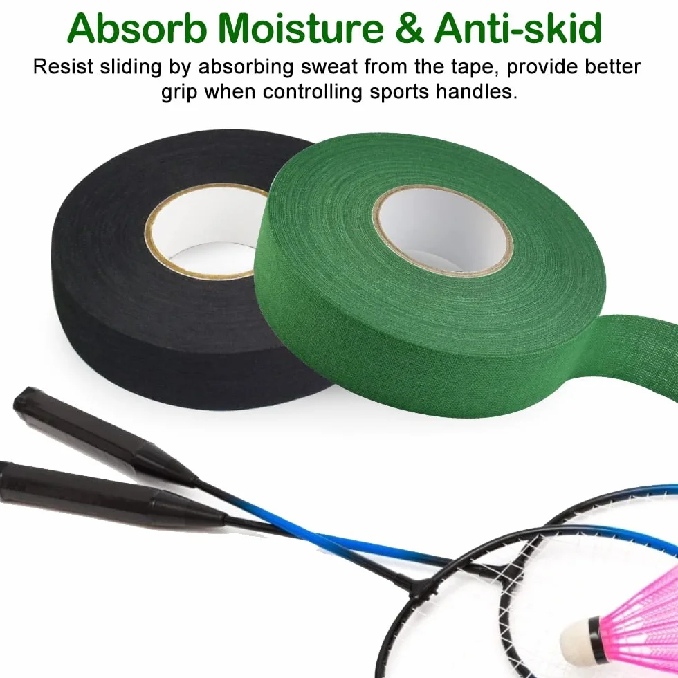 Cinta de Hockey Autoadhesiva 2 Rollos Verde y Negro 2.5cm*25m Antideslizante para Palo de Hockey, Raqueta, Bádminton, Ping Pong