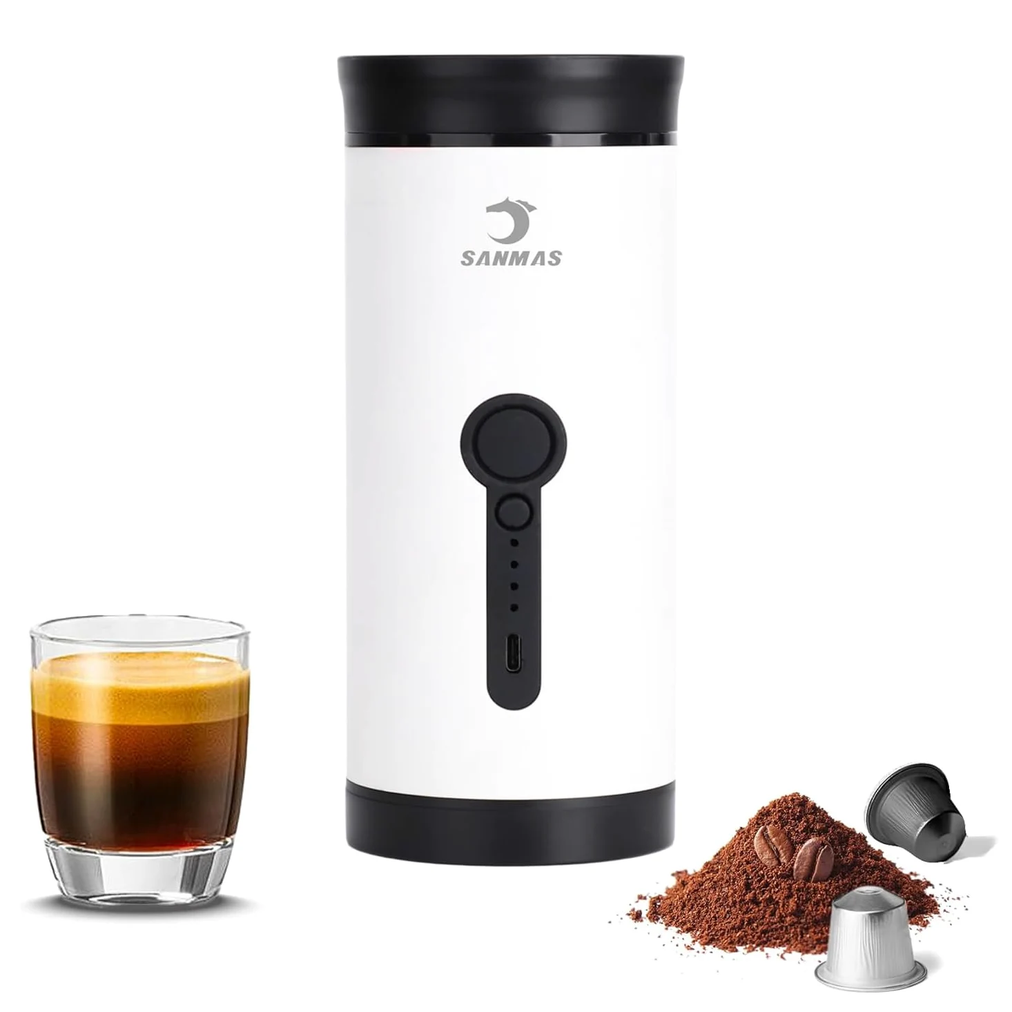 SANMAS Cafetera espresso portátil, cafetera de autocalentamiento recargable por USB-C, para viajes y camping, compatible con café molido y cápsulas, cafetera eléctrica compacta para coche, caravana