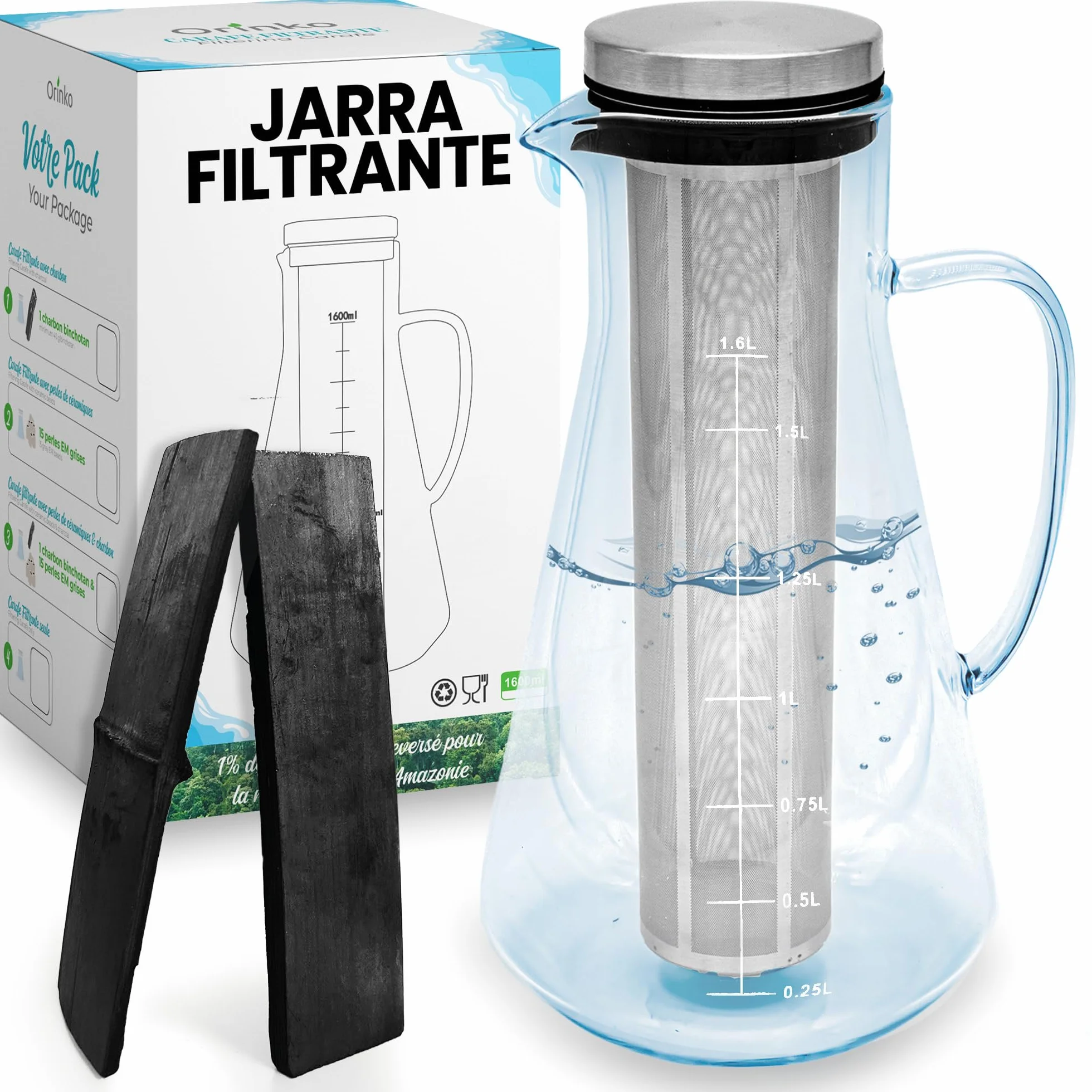 ORINKO Jarra filtrante de cristal 1,6 L + carbón Takesumi japonés x2 - carbón activado vegetal para purificación natural agua - filtración natural potente 2,5 L/palo - bambú japonés auténtico