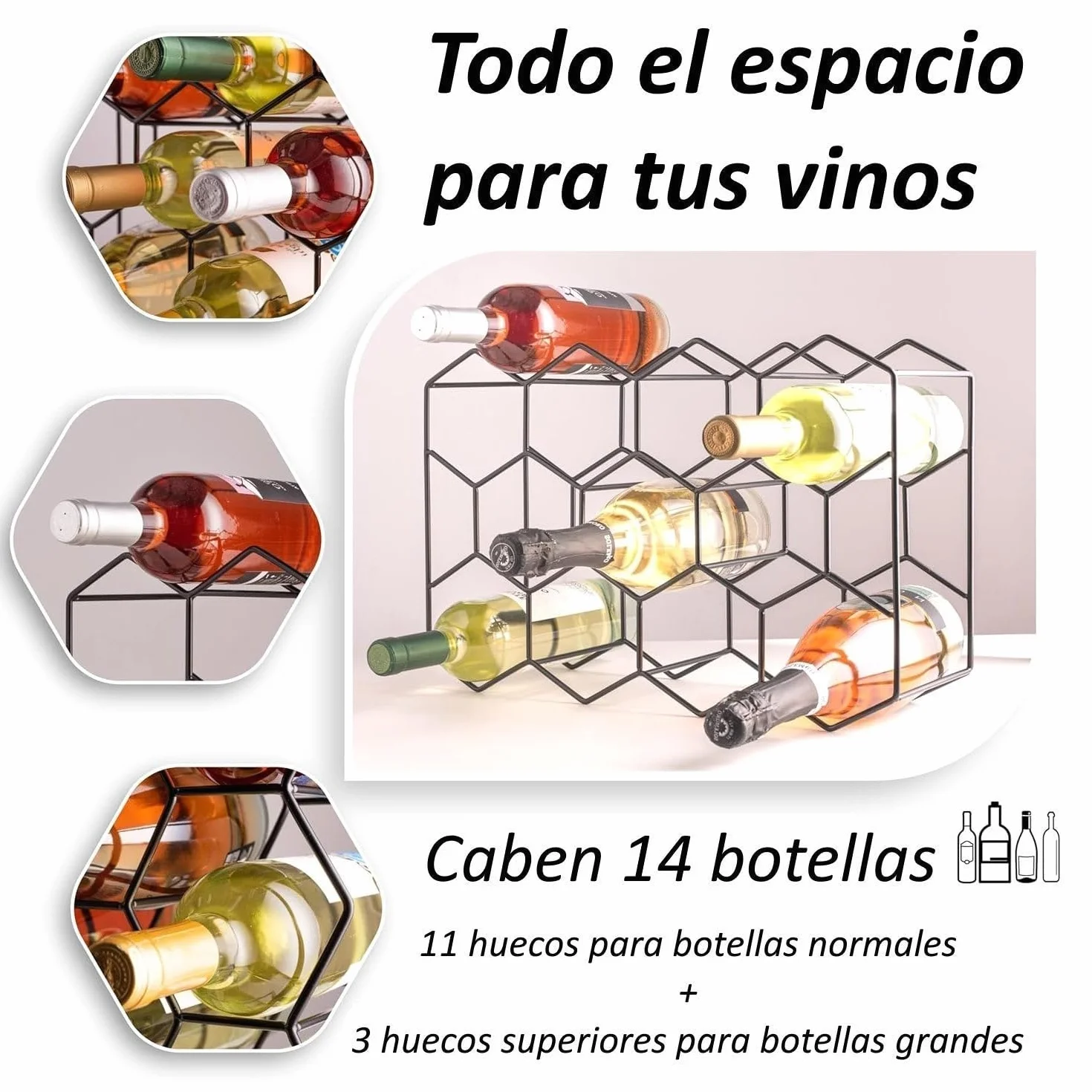 Botellero de vino para 14 botellas metal negro 43x30 cm hexagonal panal