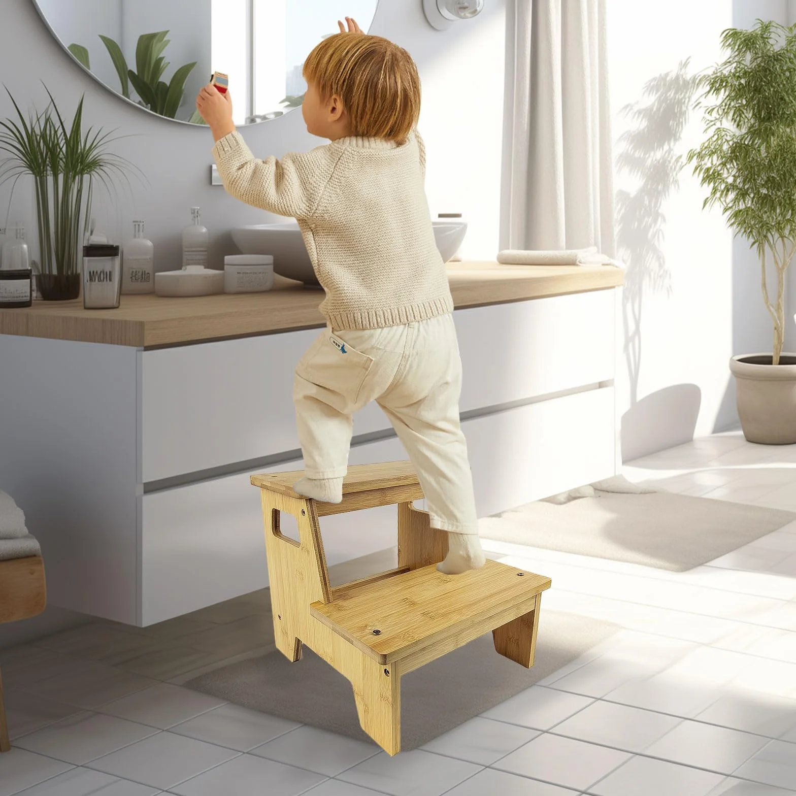 Escalera Madera 2 Peldaños Antideslizante Baño Cocina