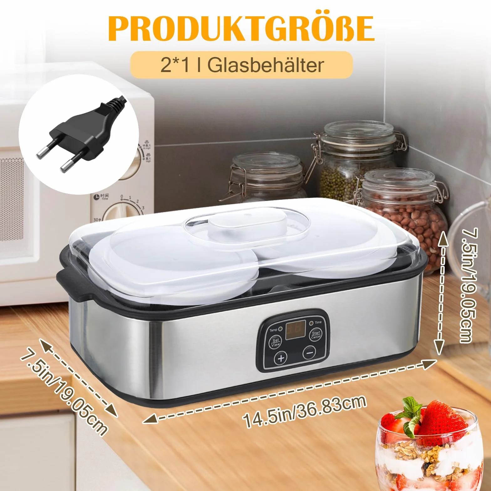 Yogur, 2 litros, máquina automática de yogur digital con 2 vasos, yogur con temporizador y control de temperatura, yogur para yogur griego, queso, natto, vino de arroz, plata, 2 litros