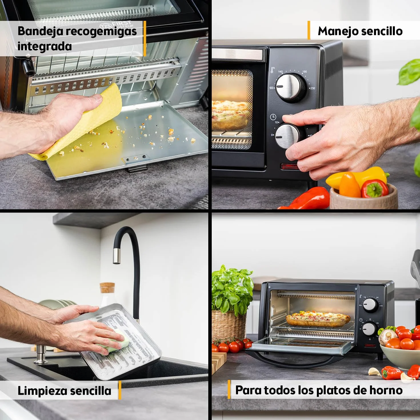 TZS First Austria - Mini Horno 10L 800W - Minihorno con regulación de temperatura hasta 230°C - Con temporizador de 60 min, 2 alturas de inserción, bandeja y parrilla - Para cocinas pequeñas y camping