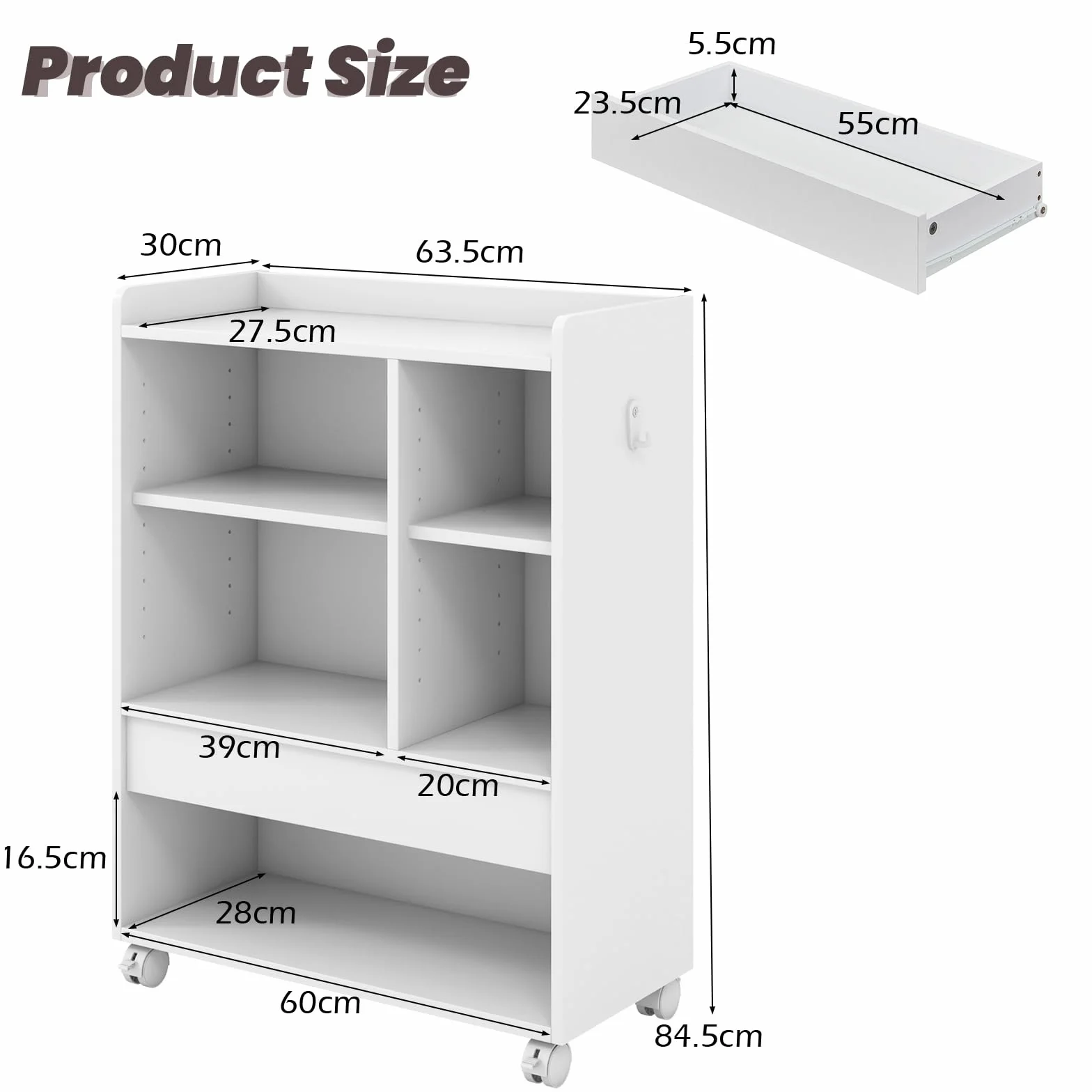 KOMFOTTEU Archivador Móvil con Ruedas, Soporte para Impresora con Cajón, Estantes Ajustables, Gancho, Mueble de Almacenamiento para Salón, Estudio, Oficina, 63,5 x 30 x 84,5 cm (Blanco)