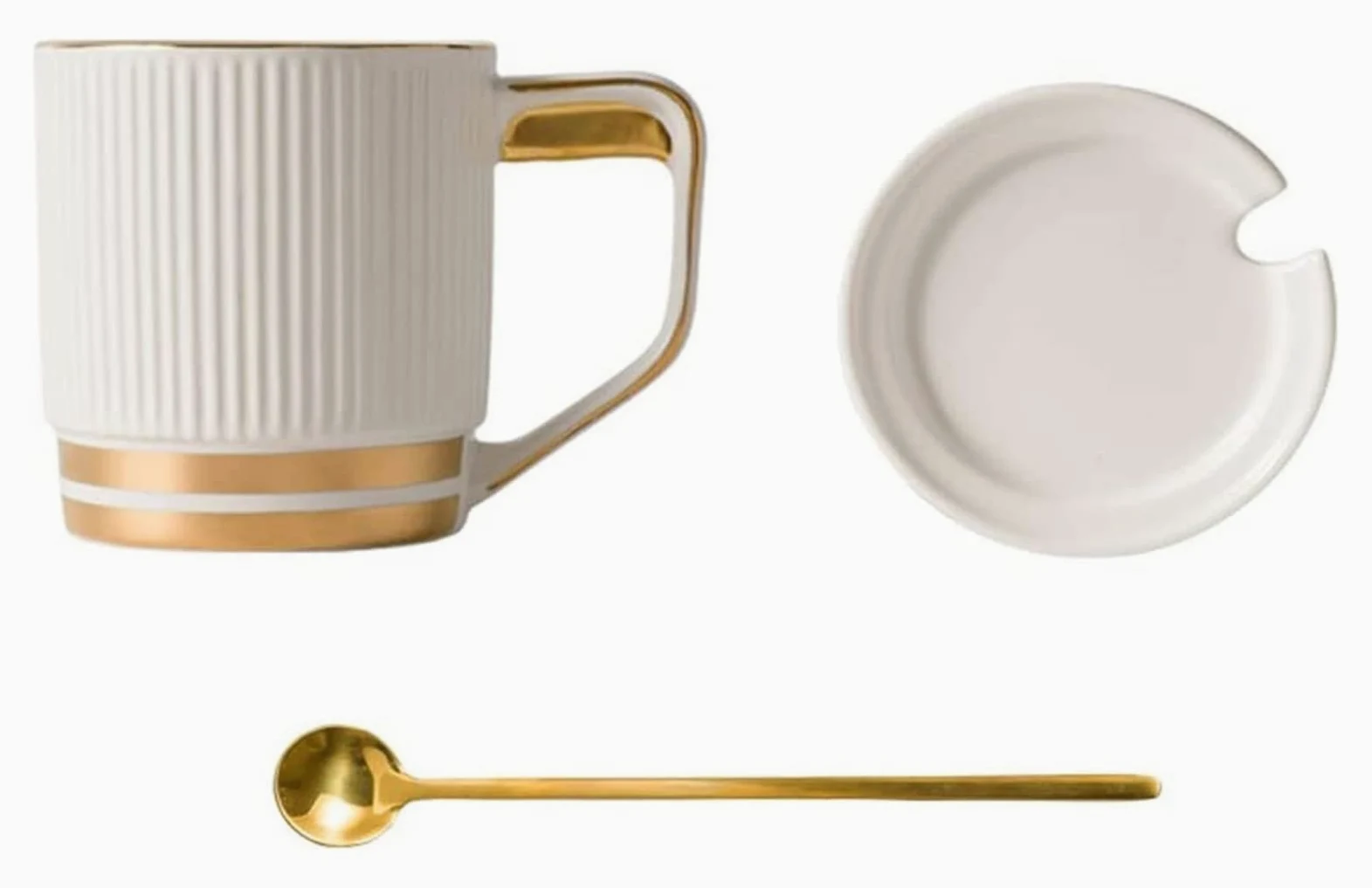 Taza de café de cerámica, taza de té para oficina y hogar, taza de café de cerámica con tapa y cucharadita dorada, decoración de borde dorado, taza de desayuno de gran capacidad, taza de té Wate