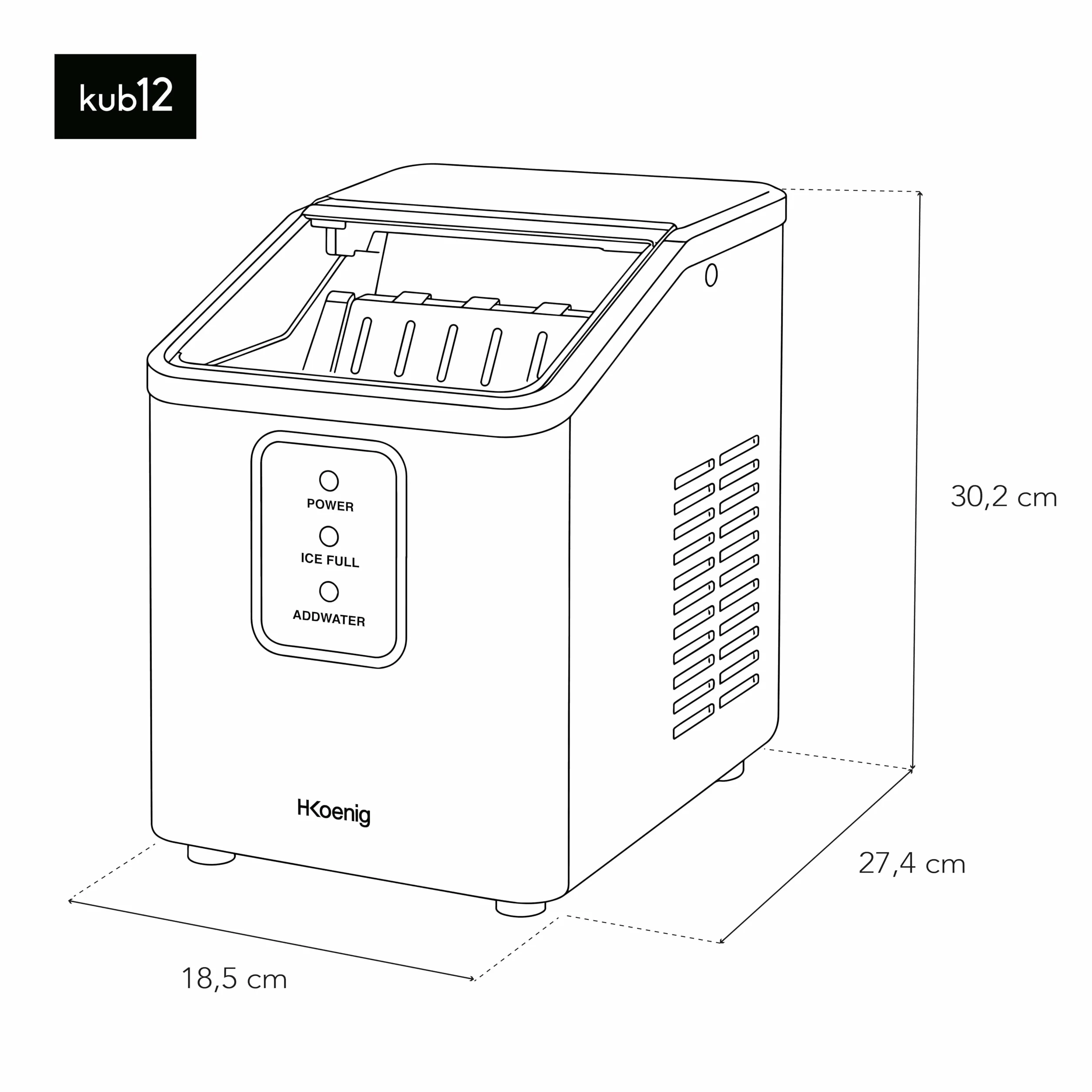 H.Koenig Máquina de hielo KUB12, 12 kg de cubitos de hielo en 24 horas, Compacto, Silencioso 1 L, Cubitos listos en 6-8 minutos, Paleta incluida