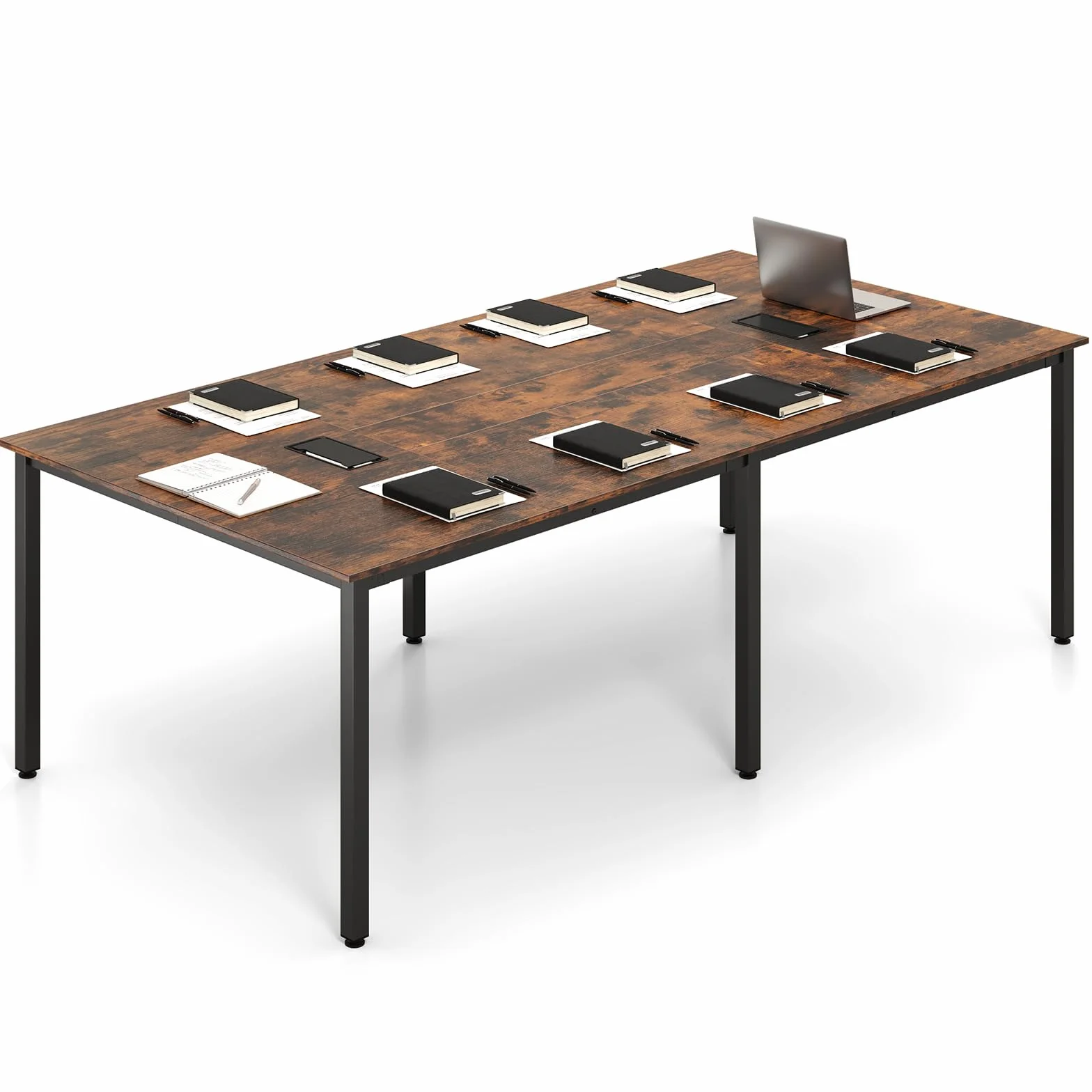 COSTWAY Mesa de Reunión 240 x 120 cm, Mesa Grande de para 10 Personas, Escritorio Rectangular con 2 Pasacables, Oficina, Sala de Juntas, Marrón Rústico