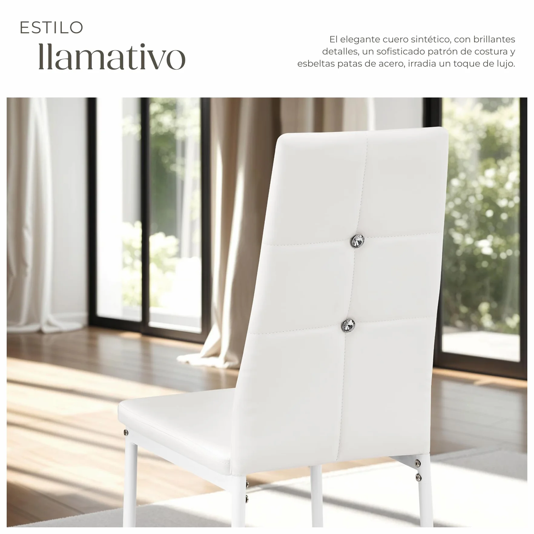 tectake® Silla de Comedor, Asiento y Respaldo Acolchado, Piel Sintética, Piedras Brillantes, Sillas Modernas, Sillas Cocina, Alta Capacidad de Carga, Montaje Rápido - 4 Sillas Blanco