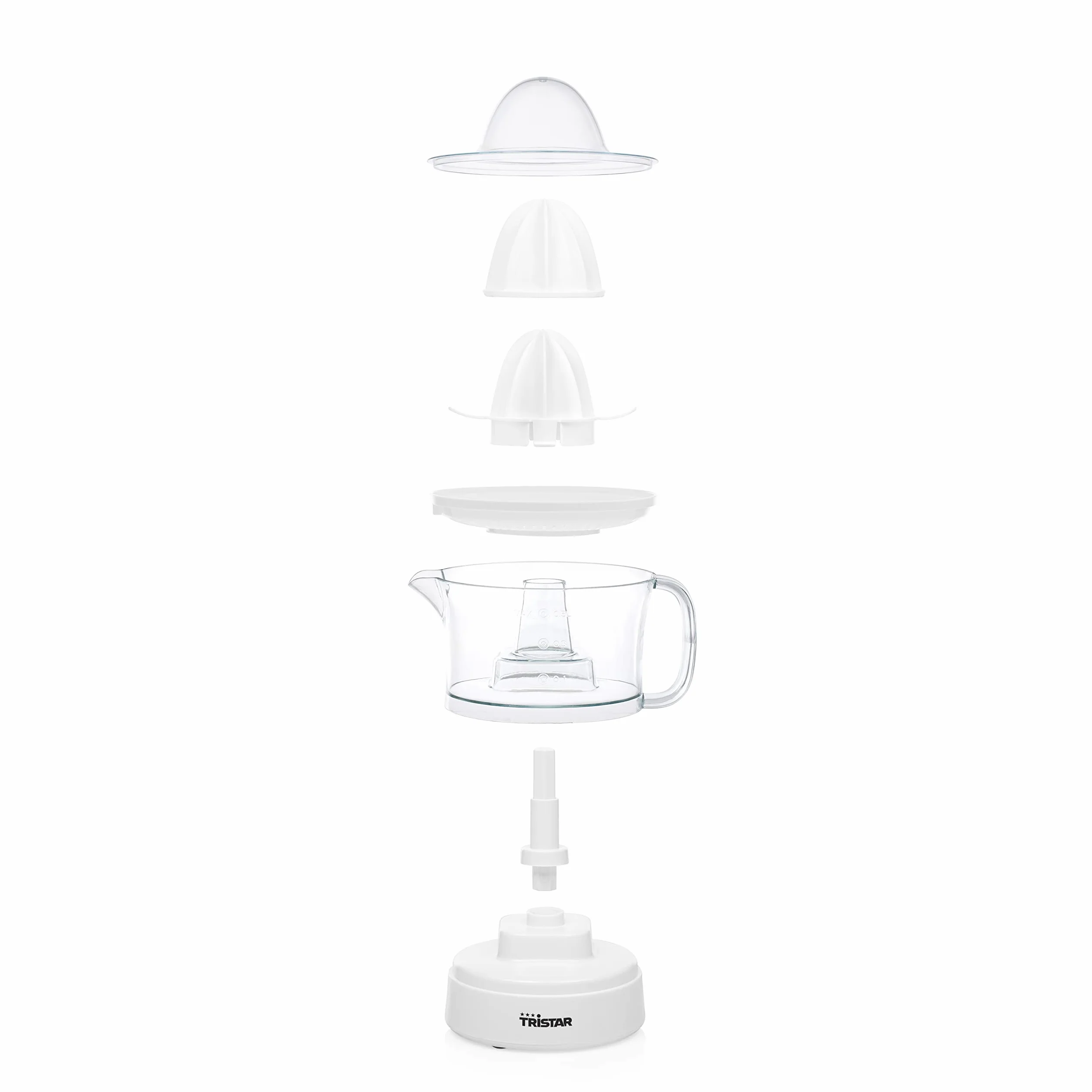 Tristar CP-3005 Exprimidor de cítricos · 25W · Capacidad de 0.5 L, 2 conos de diferente tamaño incluidos, Jarra extraíble, Tapa transparente antipolvo, libre de BPA, blanco