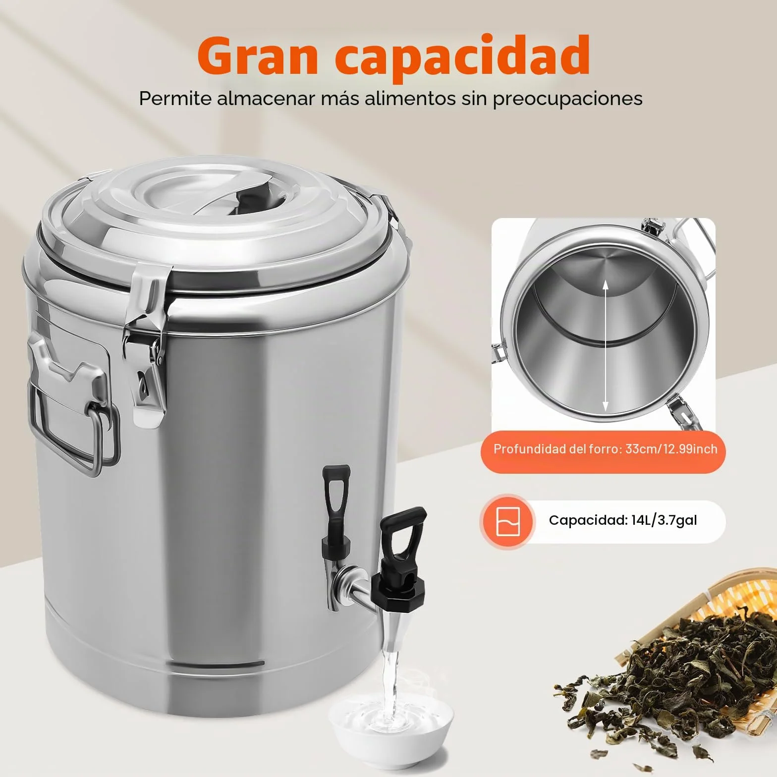 Recipiente de cereales de acero inoxidable 201, 14 l, cubo aislado con grifo, recipiente de transporte térmico de acero inoxidable para especies, fiestas y picnics