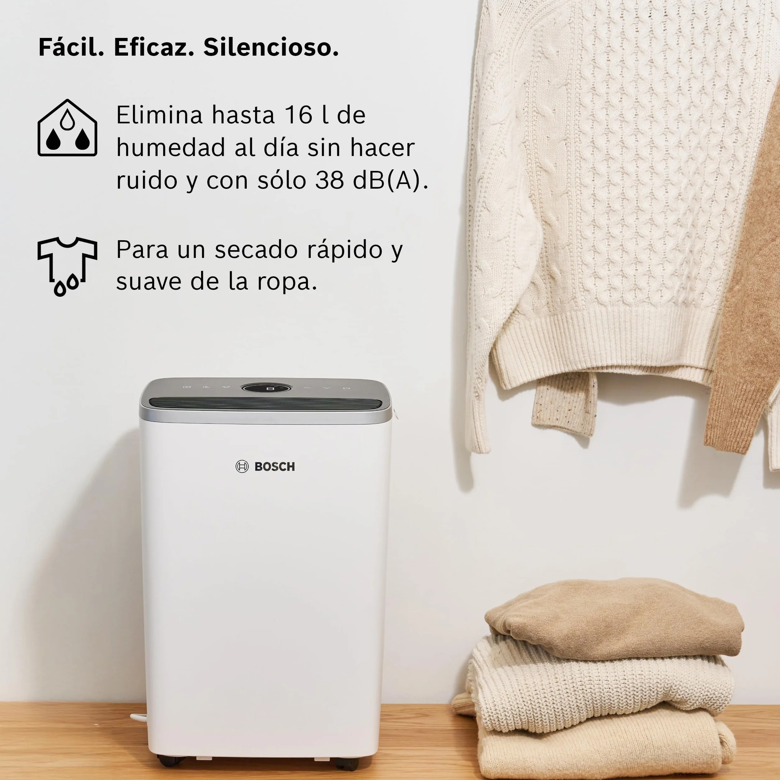 Bosch Deshumidificador Dry 4000 - Fácil. Eficiente. Silencioso. Para tu Hogar y Dormitorio - Para Habitaciones de hasta 33 m² - Secado Rápido para tu Colada