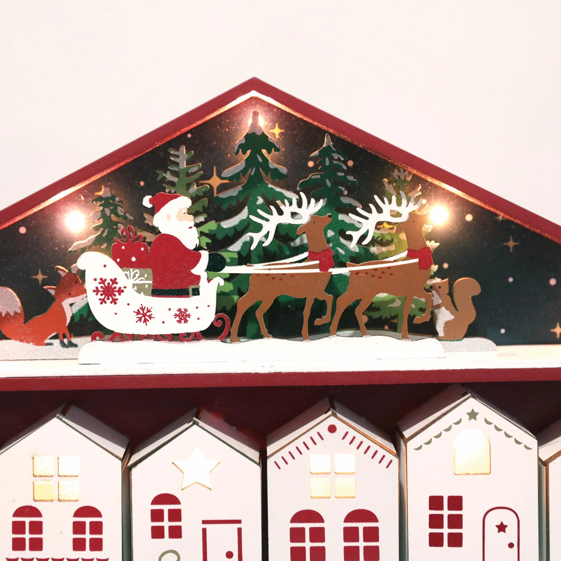 PE Calendario de Adviento de madera 2025 con luces LED, calendario de cuenta regresiva de Navidad, cajones en forma de casa, decoración navideña reutilizable, caja de cuenta regresiva de Navidad de 24