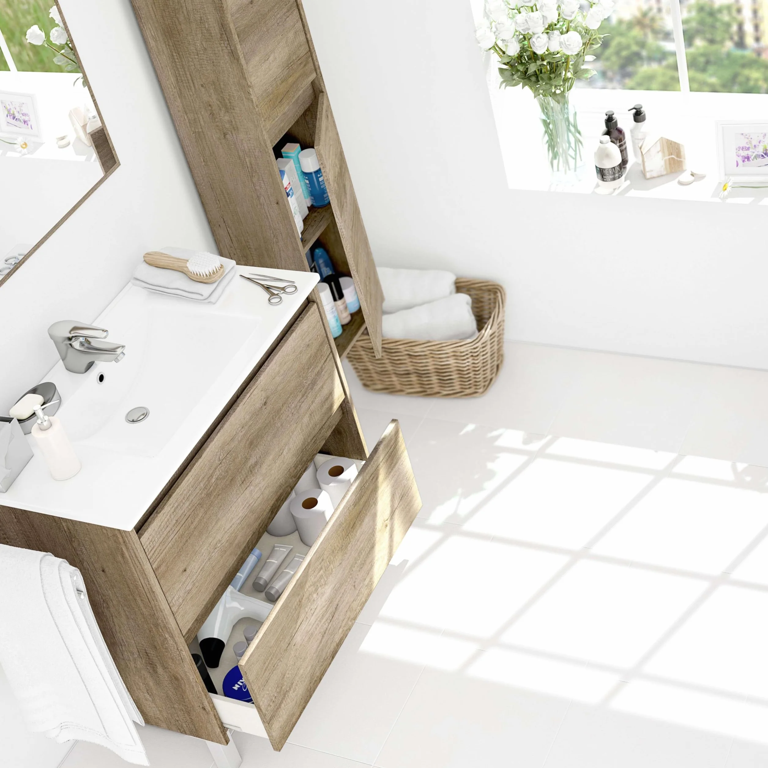 Mueble Lavabo CERÁMICO con 2 CAJONES + Espejo + Columna 2 Puertas