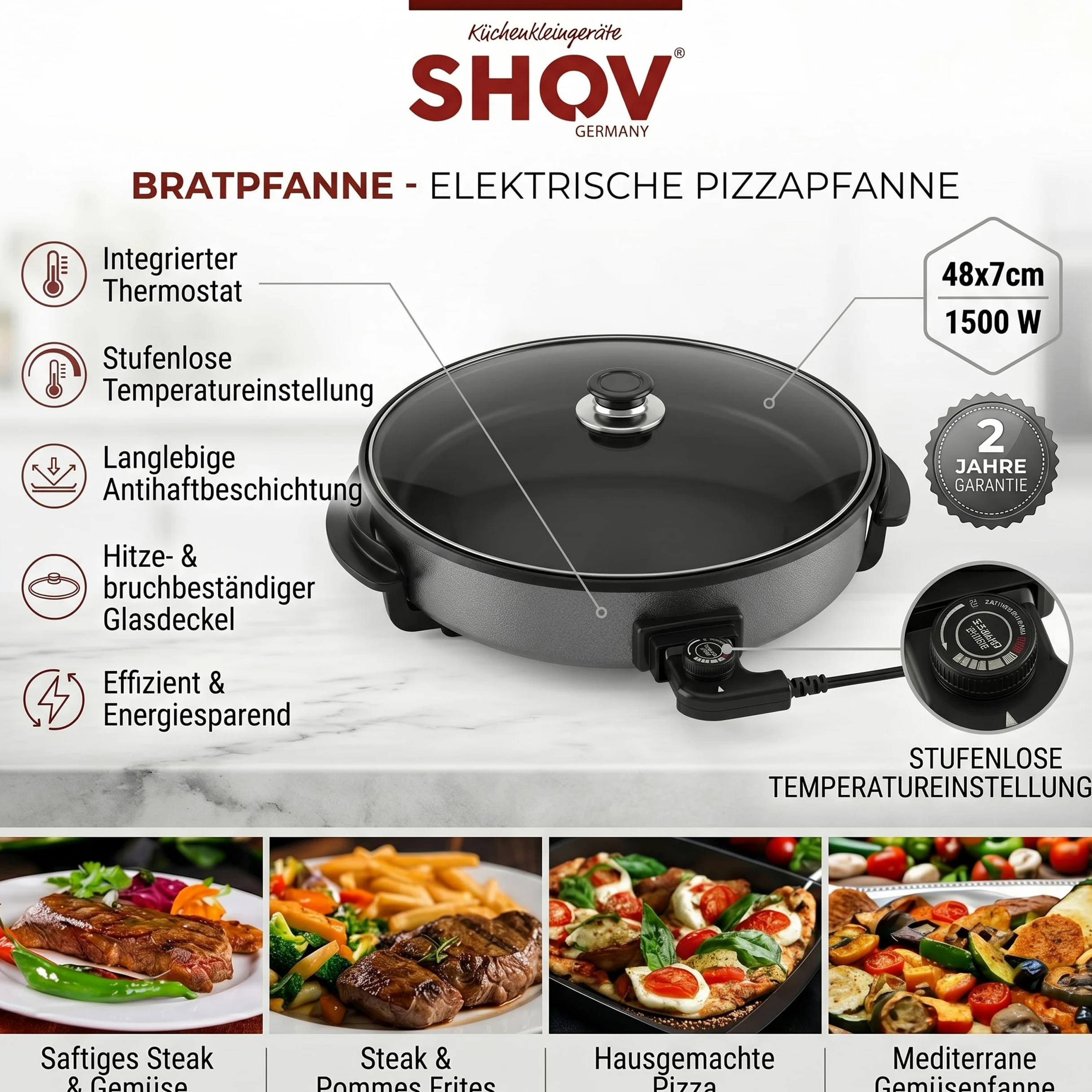 Shov Sartén eléctrica para pizza y multibräter XL – 48 cm de diámetro, 7 cm de profundidad | Sartén antiadherente y tapa de vidrio | 1500 W | Termostato ajustable para pizza, paella, giroscopios y