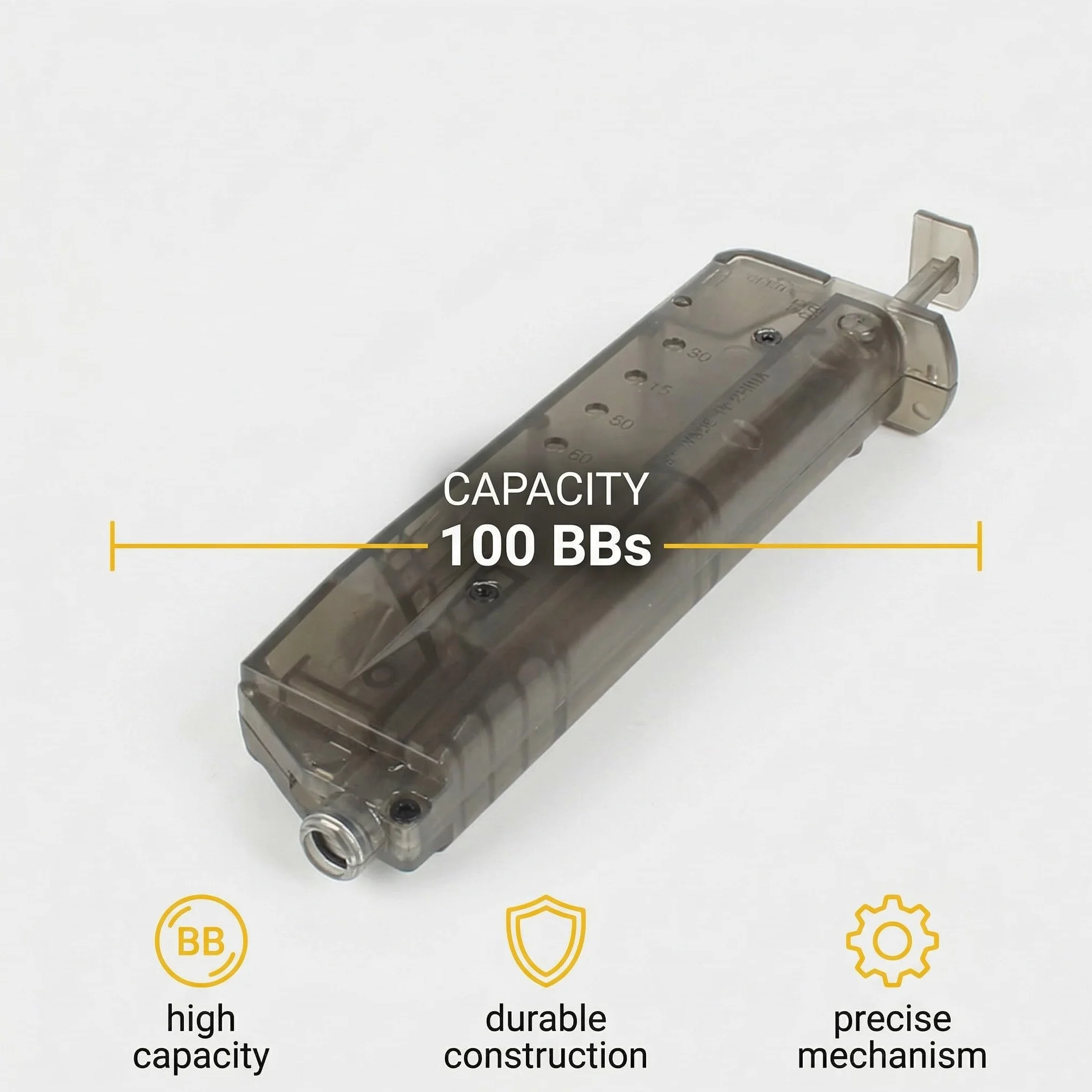 Cargador Rápido Airsoft para 100 BBs 6mm | Diseño robusto de plástico con adaptador de pistola. Recarga veloz y segura para cargadores de pistolas y fusiles Airsoft.