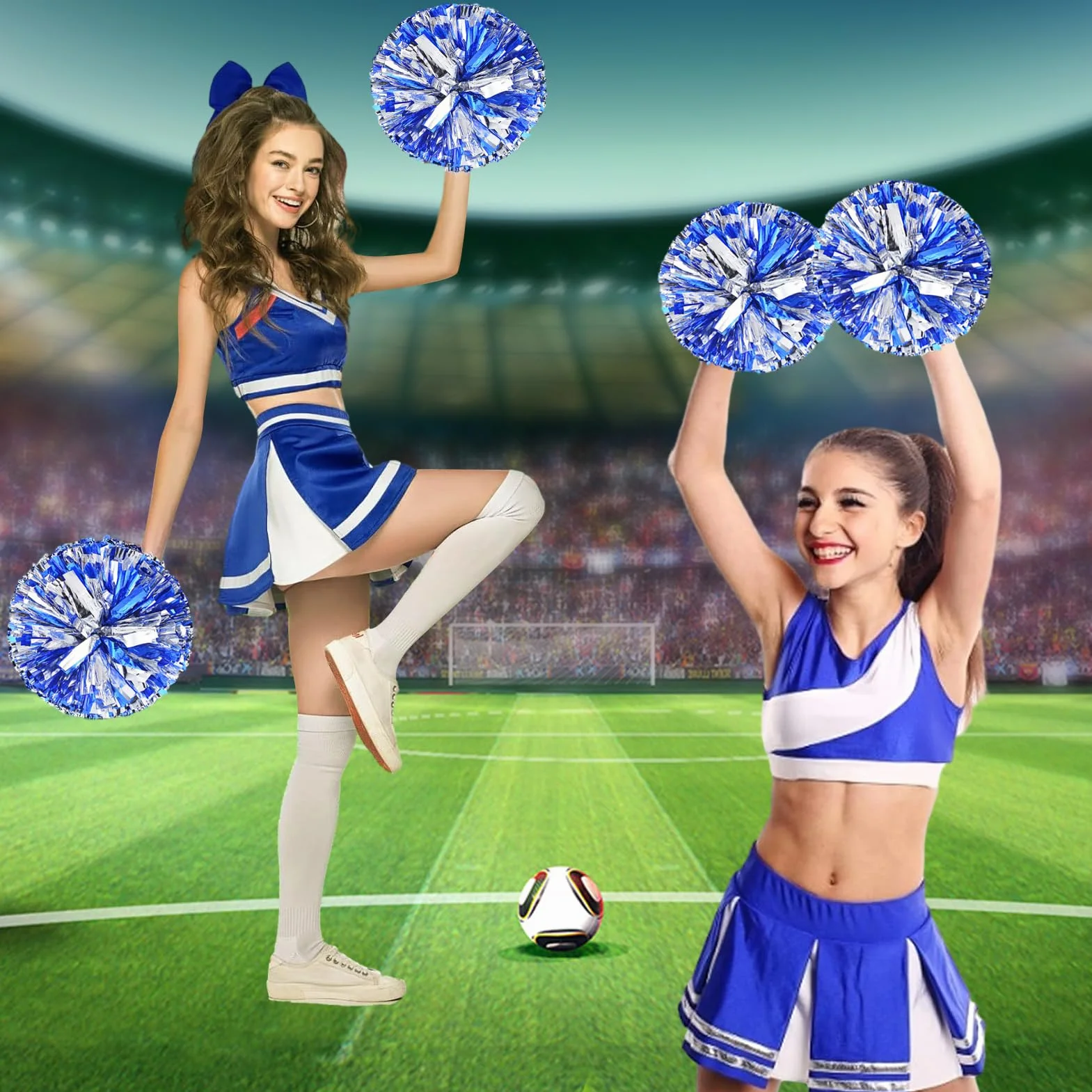 Pompoms Animadoras Azul con Asas 3 Piezas para Deportes Spirit Cheering