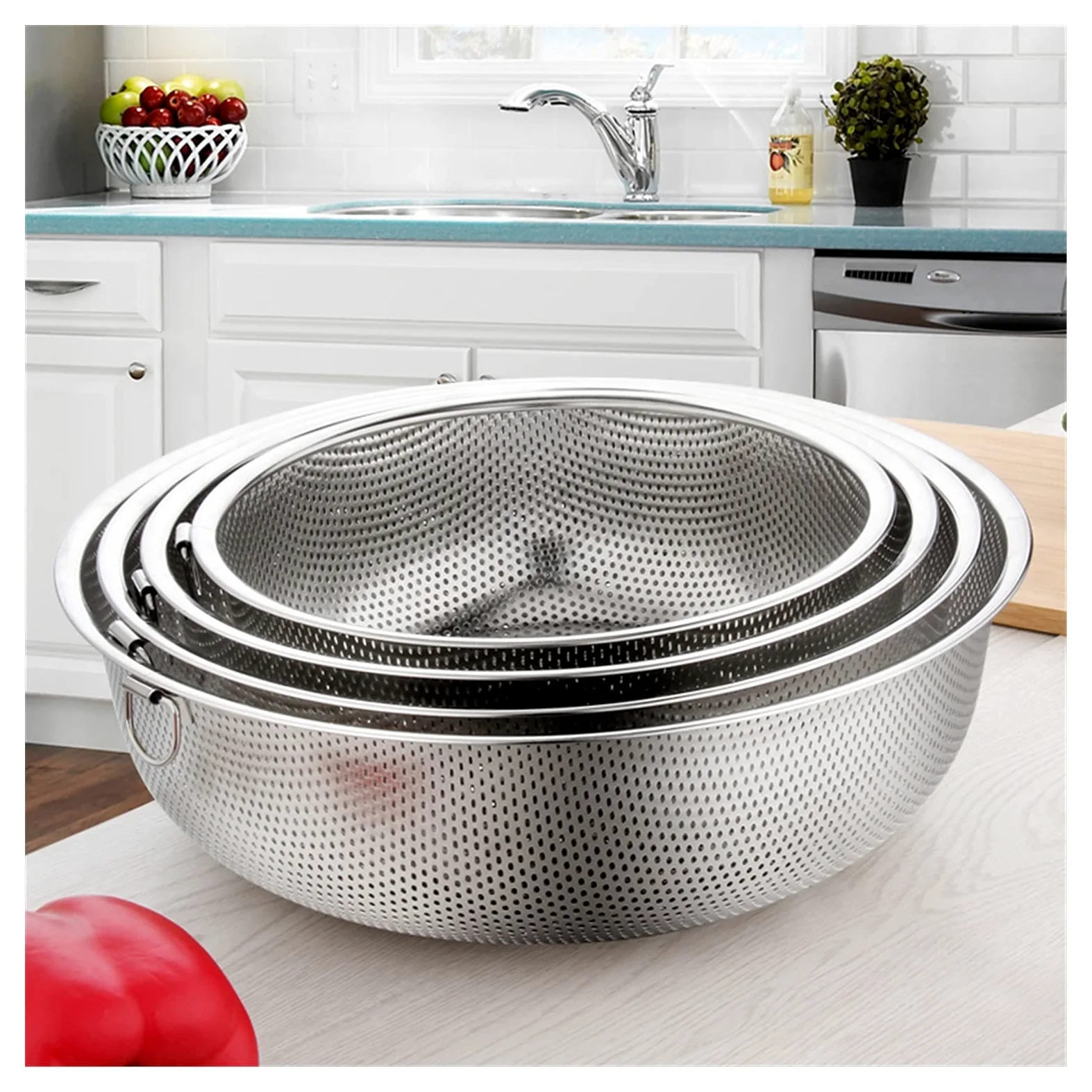 Colador Cesta de Drenaje Colador de Acero Inoxidable Colador de Cocina Lavado Tazón de Lavado Fruta Vegetal Senador de escurridor con Anillo colgado Fino 2mm Agujero Coladores de Alimentos