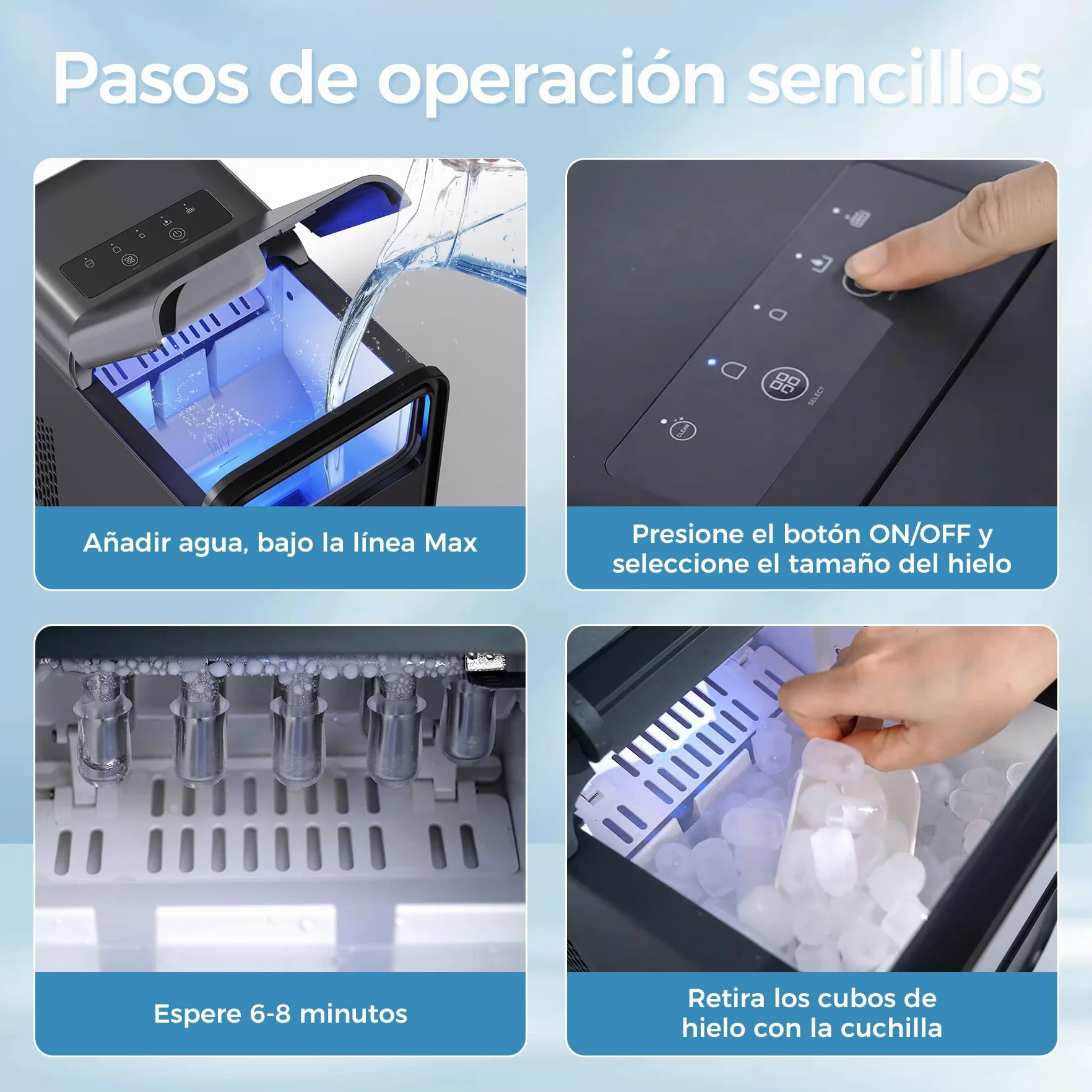 QEXREED Máquina de Hielo, Maquina de Hacer Hielo 12 kg/24h, 9 Cubitos de Hielo en 6 Minutos, Maquina de Hielo para Casa Autolimpiadora, Hielo de 2 Tamaños