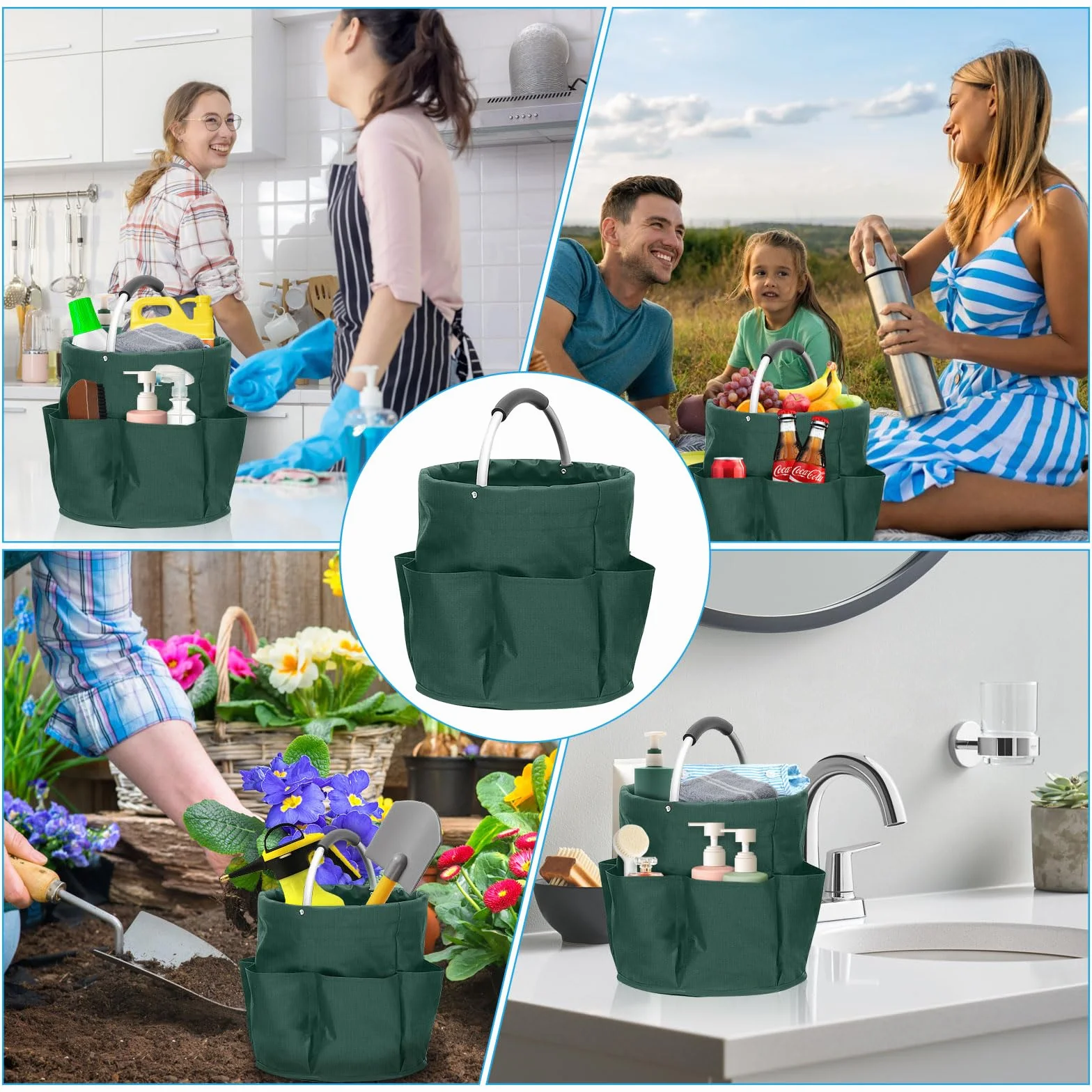 Organizador de productos de limpieza, bolsa de limpieza plegable con asa y 6 bolsillos para el hogar, jardín y baño, portátil y ahorra espacio, verde