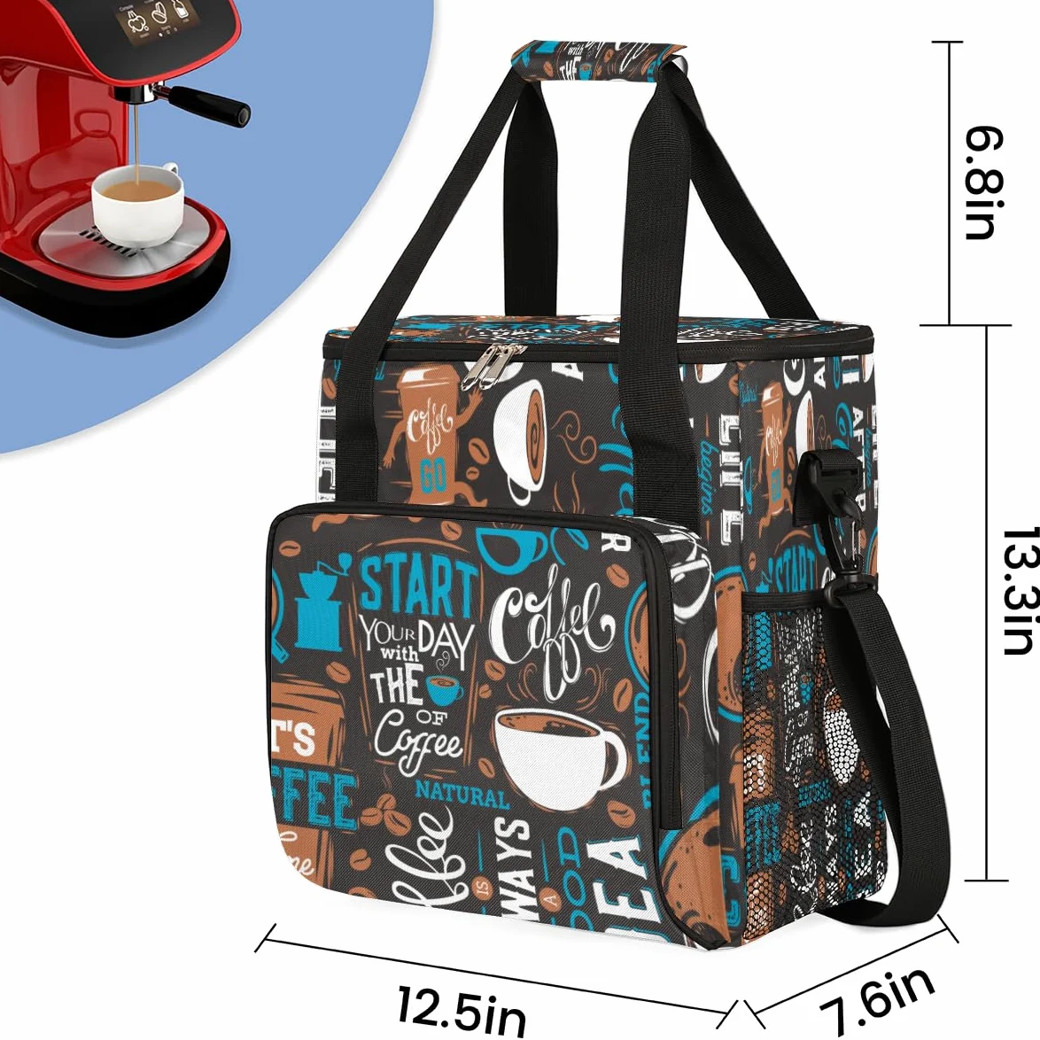 Blue Coffee Cafe - Bolsa de transporte para cafetera, bolsa de transporte de viaje, compatible con Keurig K-Mini o K-Mini Plus, funda portátil de una sola porción con bolsillos para cápsulas K-cup