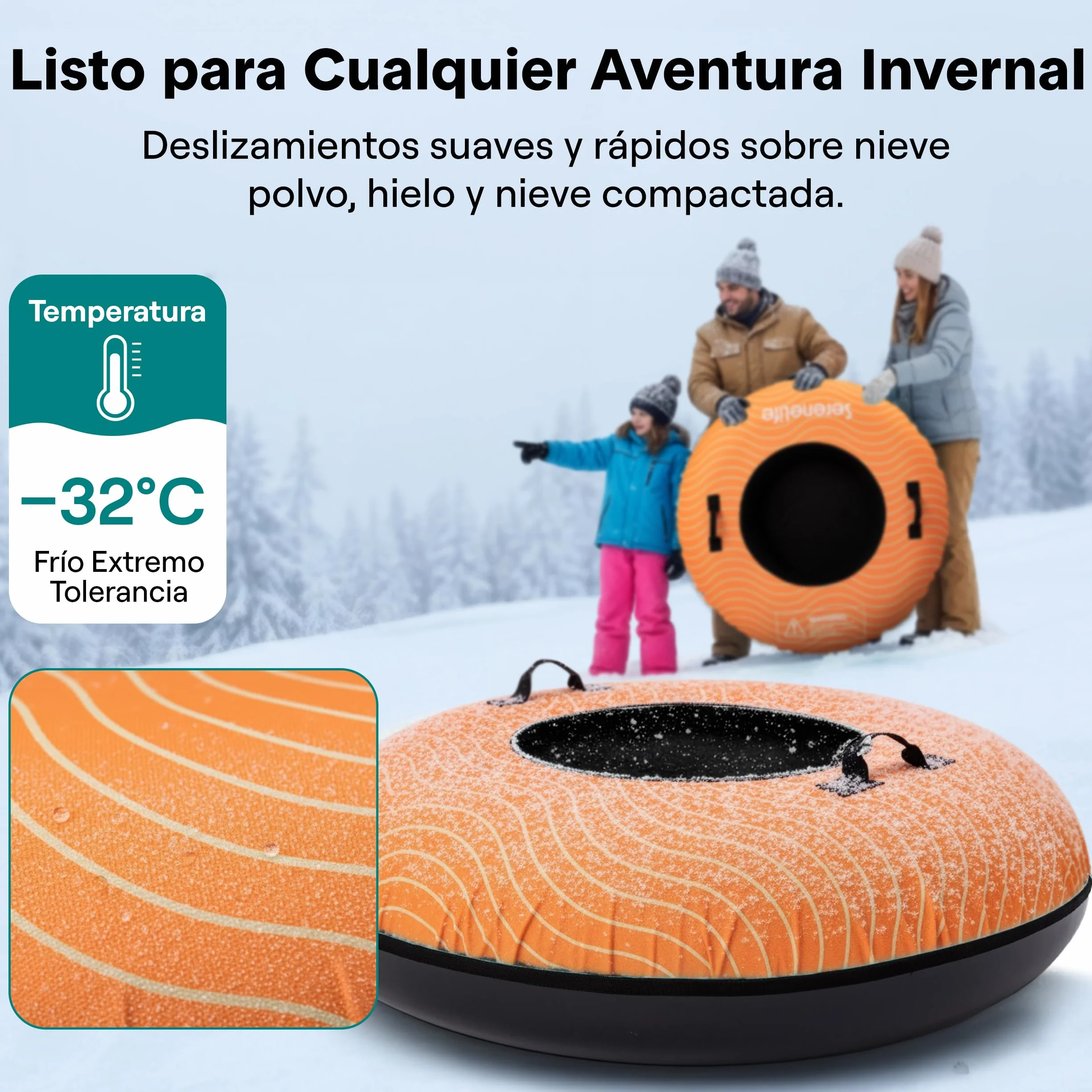 SereneLife Snowtube 101/112/122 cm – Trineo Inflable para Niños y Adultos con Base de Plástico Resistente, Cuerda de Arrastre y Diseño Deslizante para Nieve