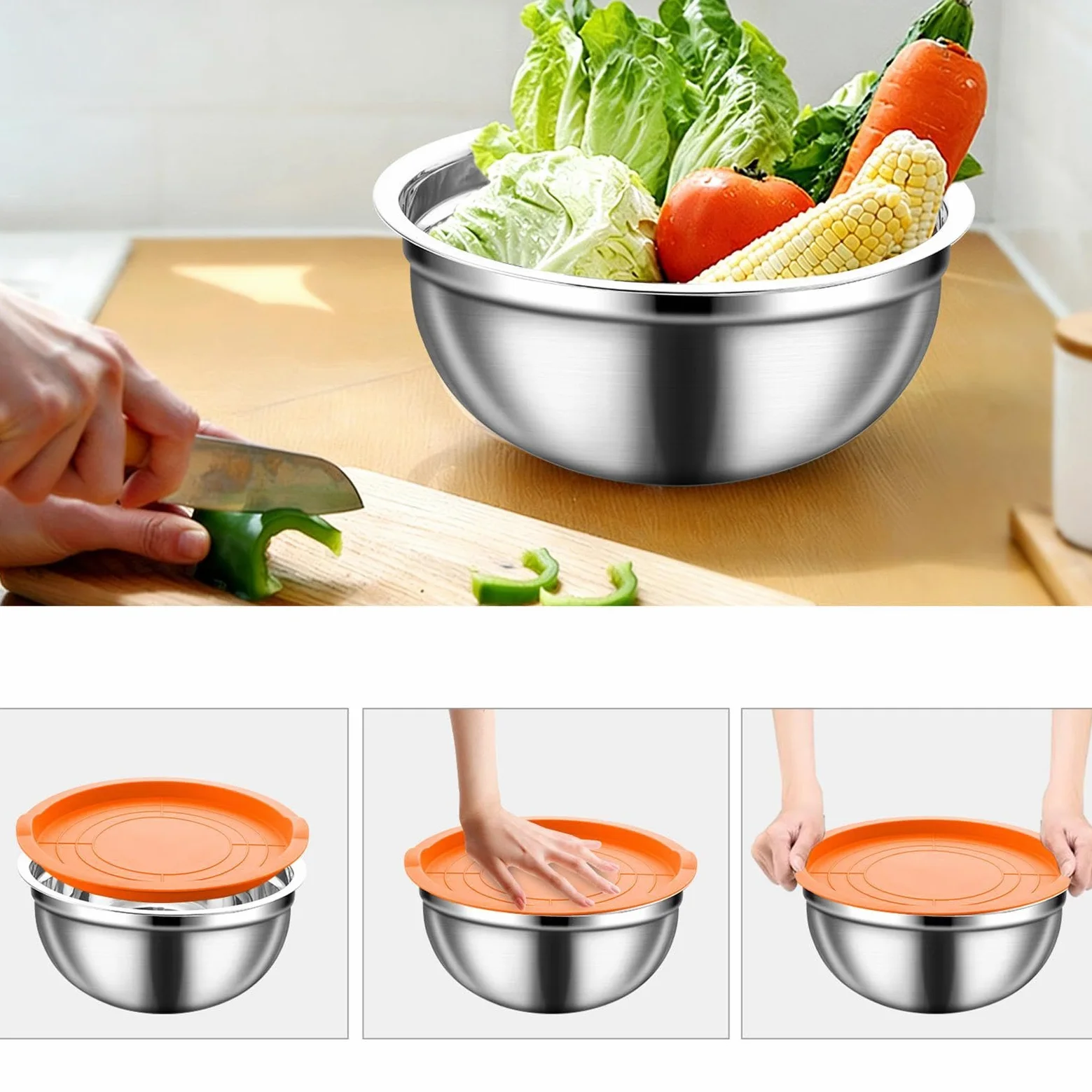 Juego de Bol para Mezclar con Tapa Base antideslizante, tapa hermética y | Ideales para Ensaladas, Verduras, Salsas, Cereales, Huevos, Masas y Frutas para Cereales, Snacks,