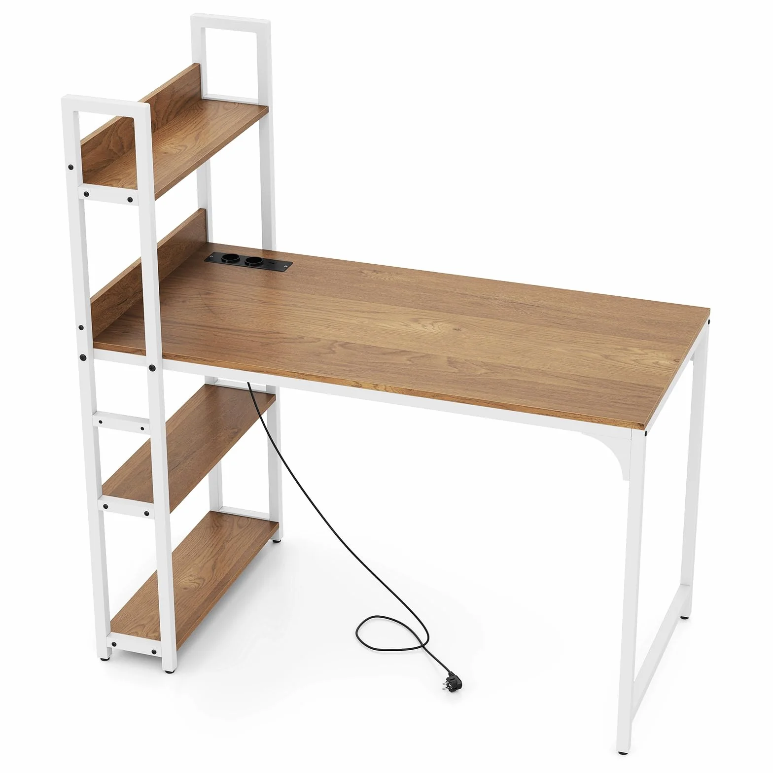 LIFEZEAL Escritorio de Oficina con Estación de Carga USB Tipo-C y 2 Enchufes - Mesa de Trabajo de Madera con 3 Estantes y Estructura Metálica - 120x65x130 cm (Marrón)