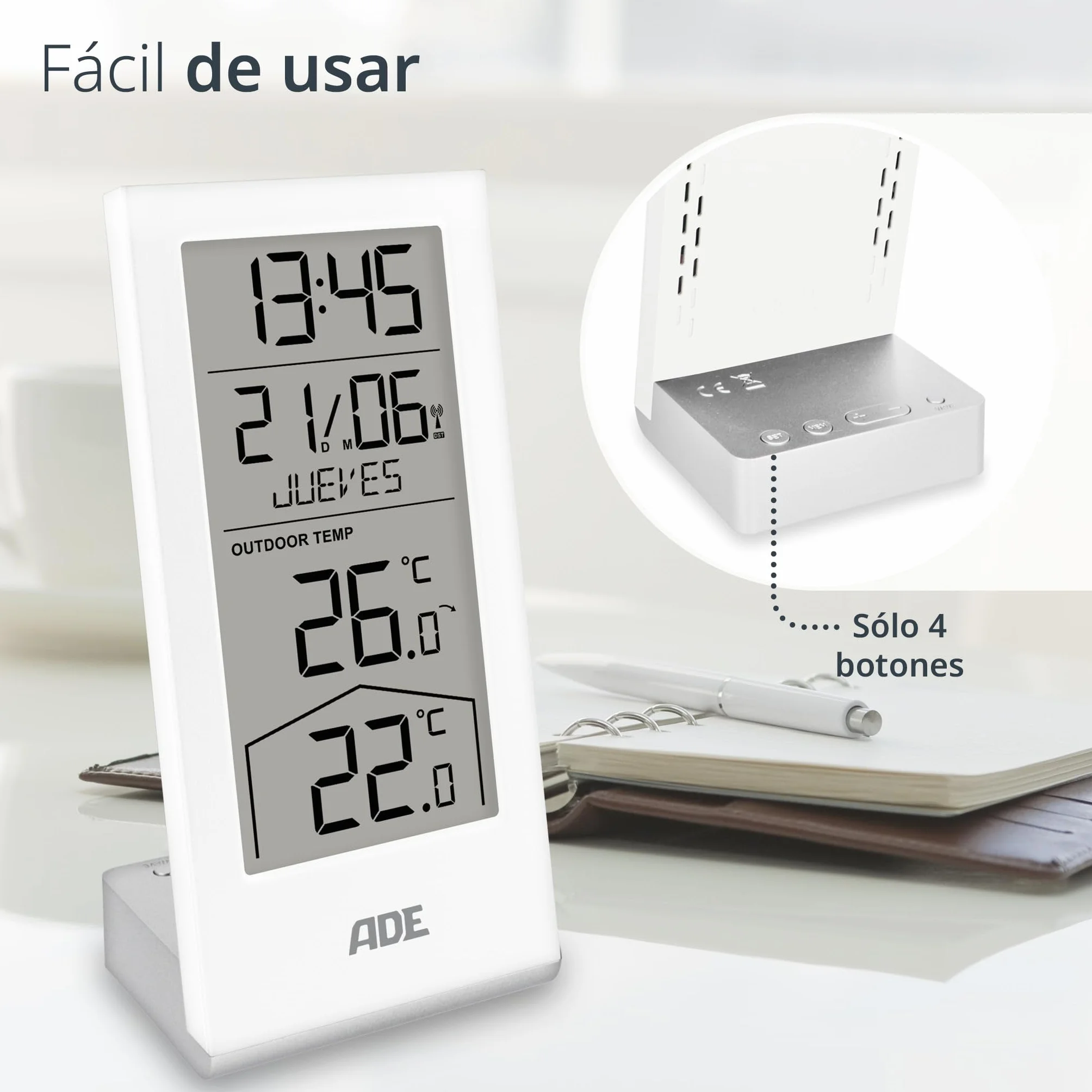 ADE Estación meteorológica digital inalámbrica con sensor exterior | termómetro para temperatura interior y exterior | reloj y calendario radiocontrolados con día de la semana | incl. pilas | blanco
