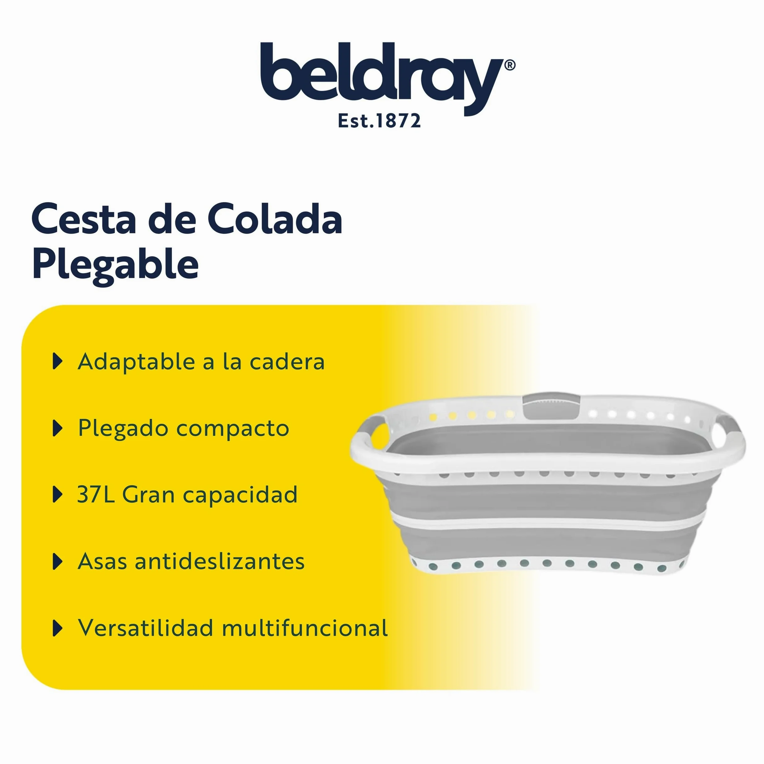 Beldray LA072979GRYEU Cesta De Colada Adaptable a La Cadera, Transportar Y Meter Ropa Sucia, Cubo Práctico y Plegable Con Asas Ergonómicas, Para Cuarto de Baño, Dormitorio o Lavandería