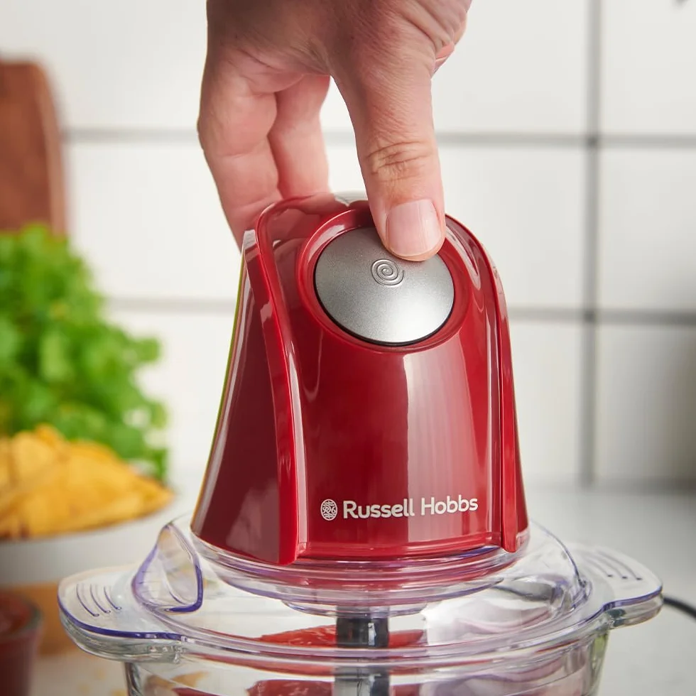 Russell Hobbs Picadora Eléctrica Mini Desire Red (Cuenco de vidrio de 500 ml, Cuchillas Inox de 2 puntas, 350 W Max, Botón One-Touch, Para frutas, verduras y carne) 27132-56